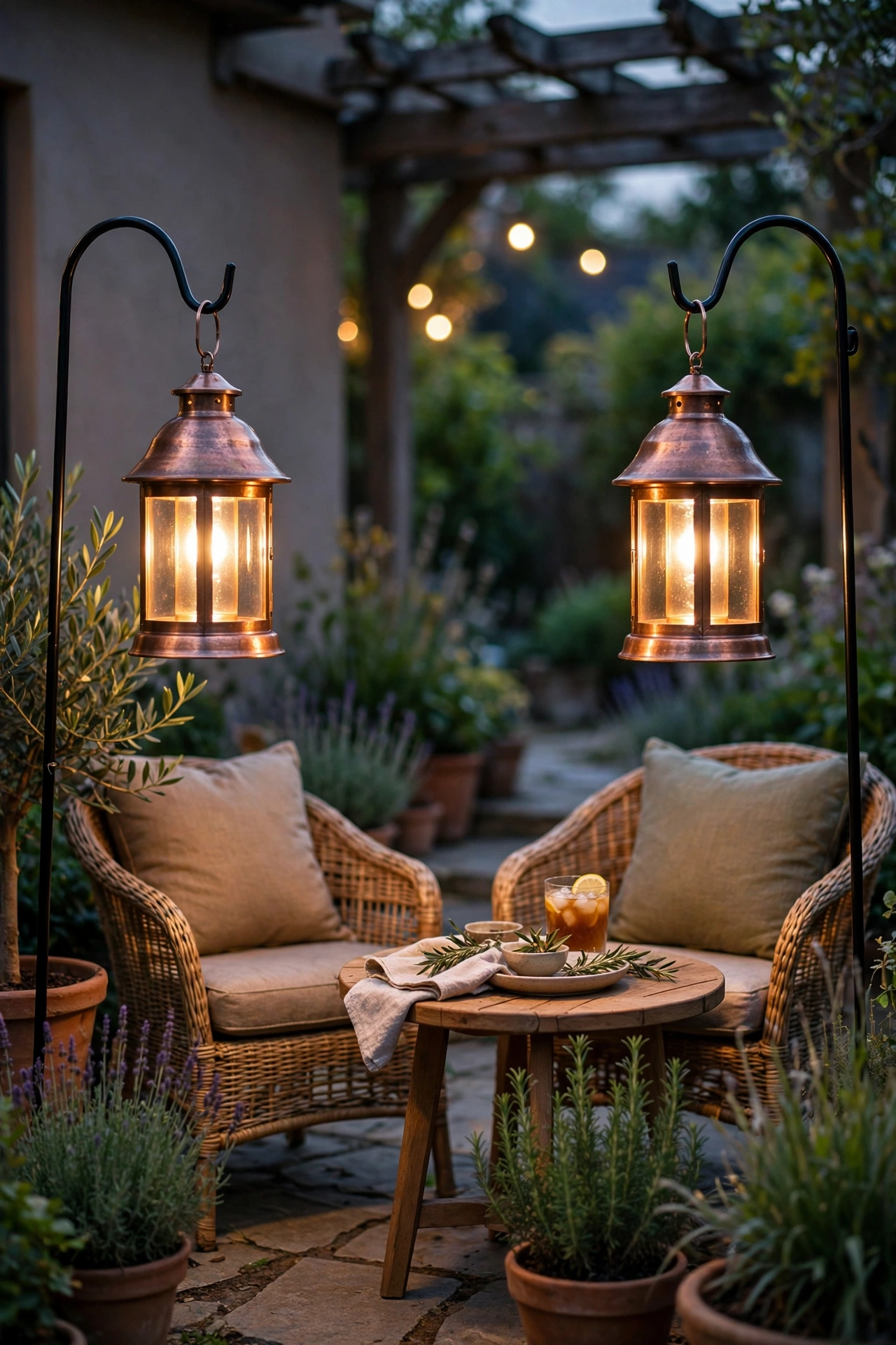 copper finish solar lanterns glowing beside patio seating