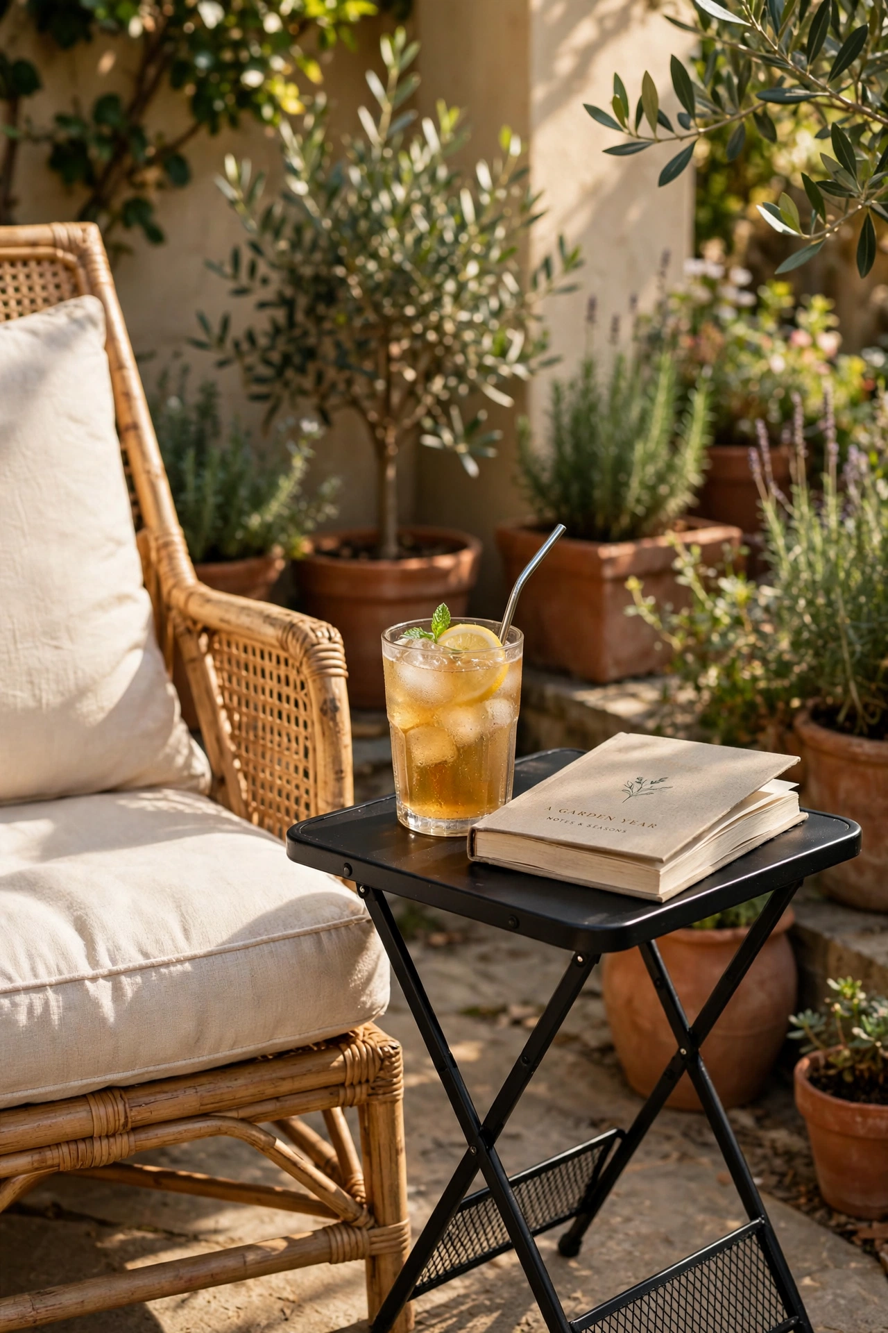 small folding metal side table beside patio chair with iced drink
