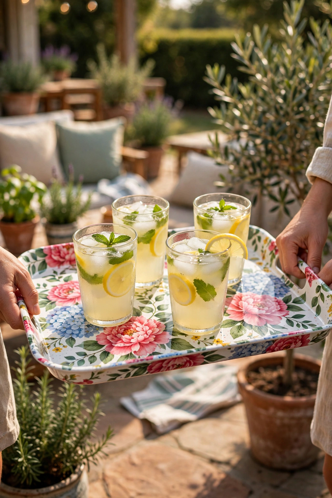 bright patterned melamine serving tray carrying drinks outdoors