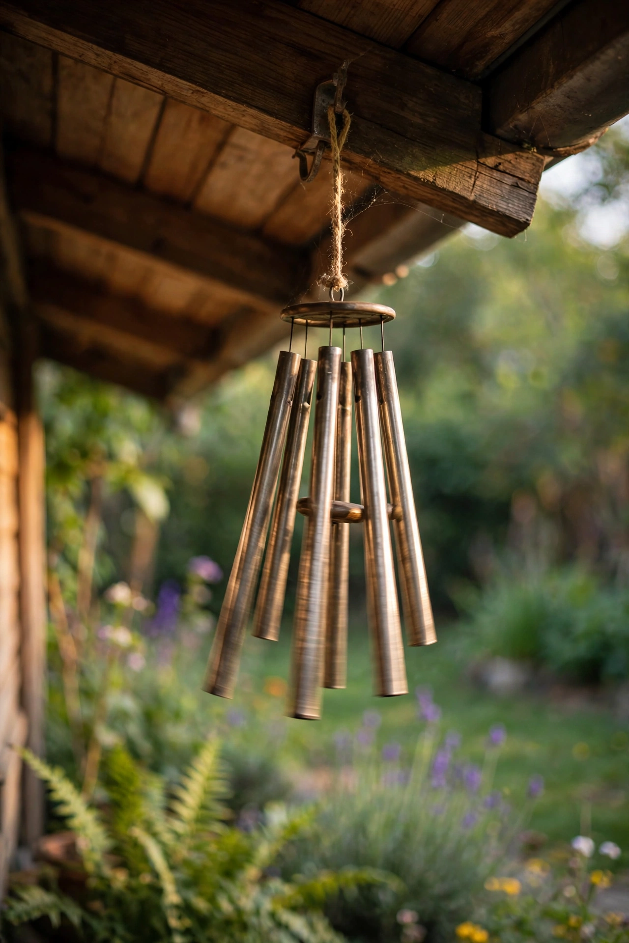 metal tube wind chime hanging under porch eave