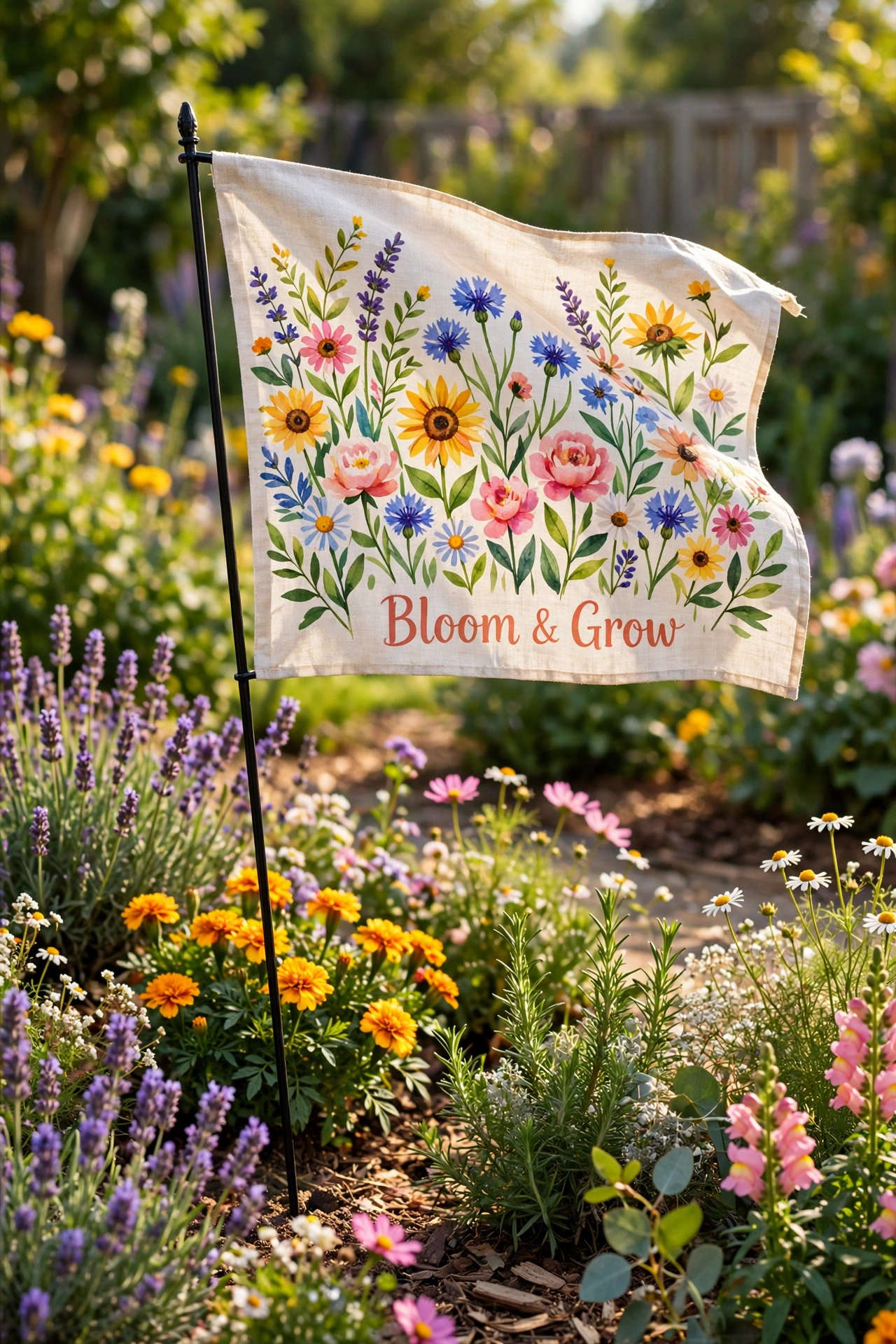 floral garden flag on black metal stand in flower bed