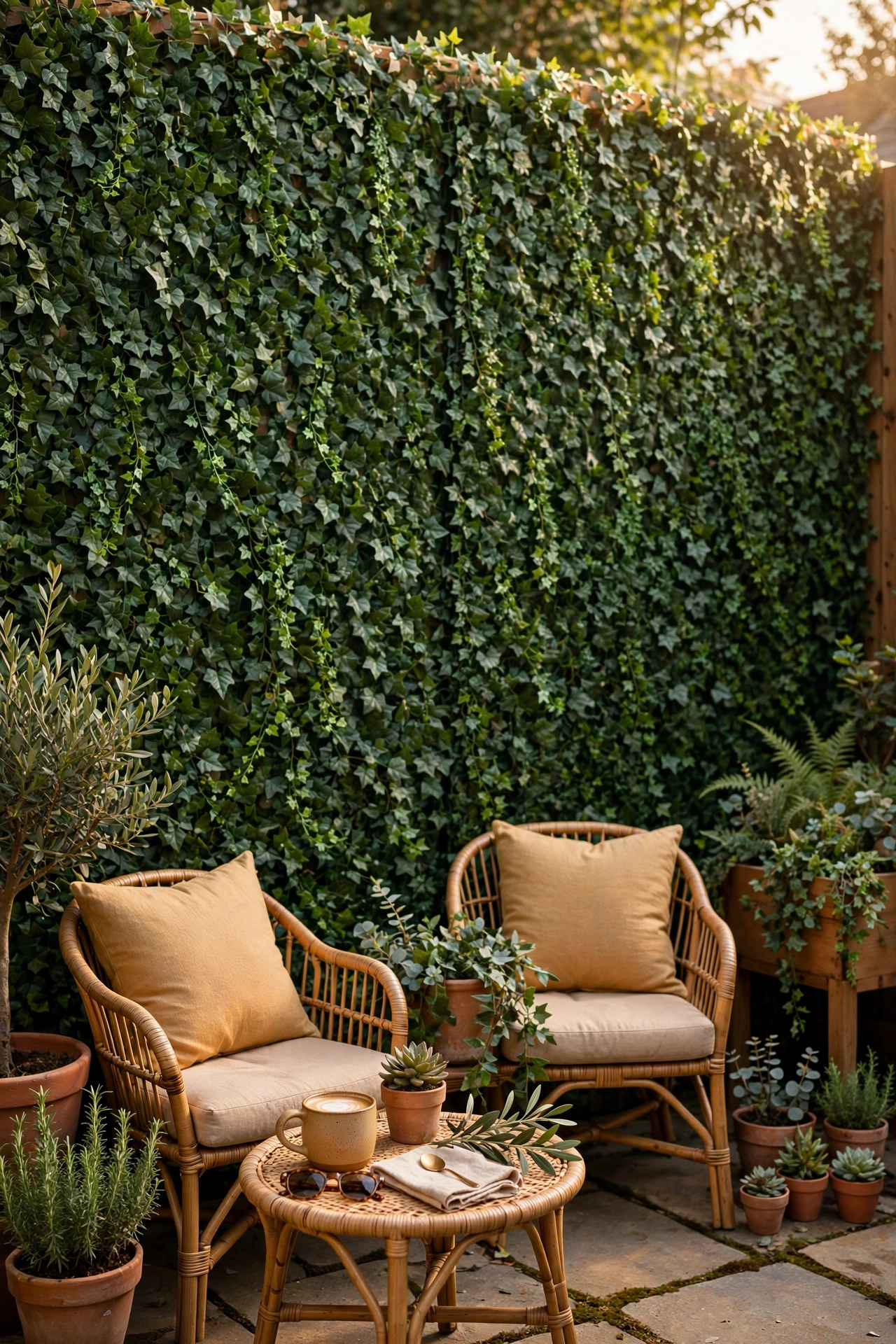 faux ivy privacy panels covering wooden fence