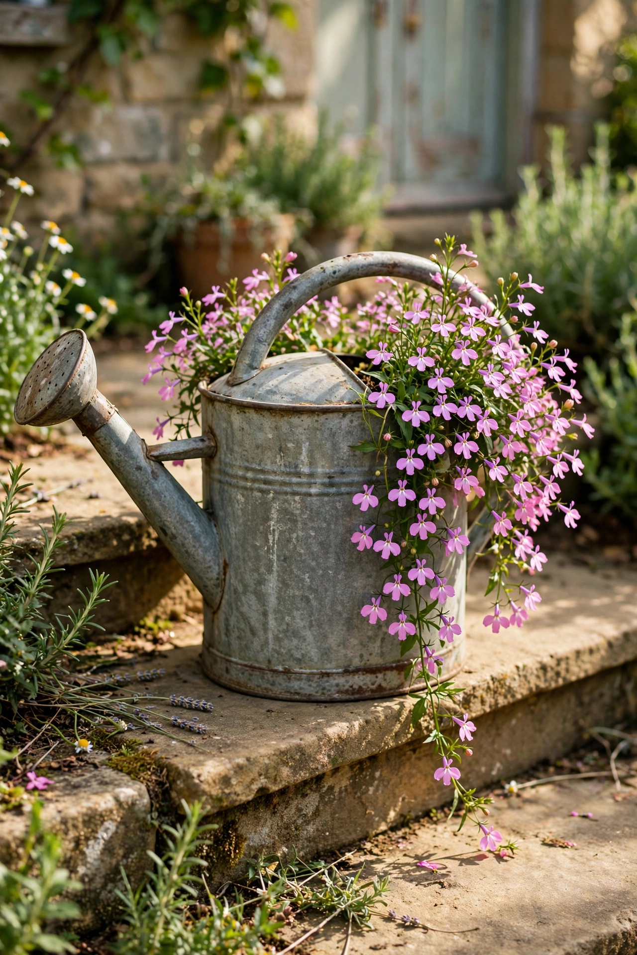galvanised watering can planted with trailing pink flowers