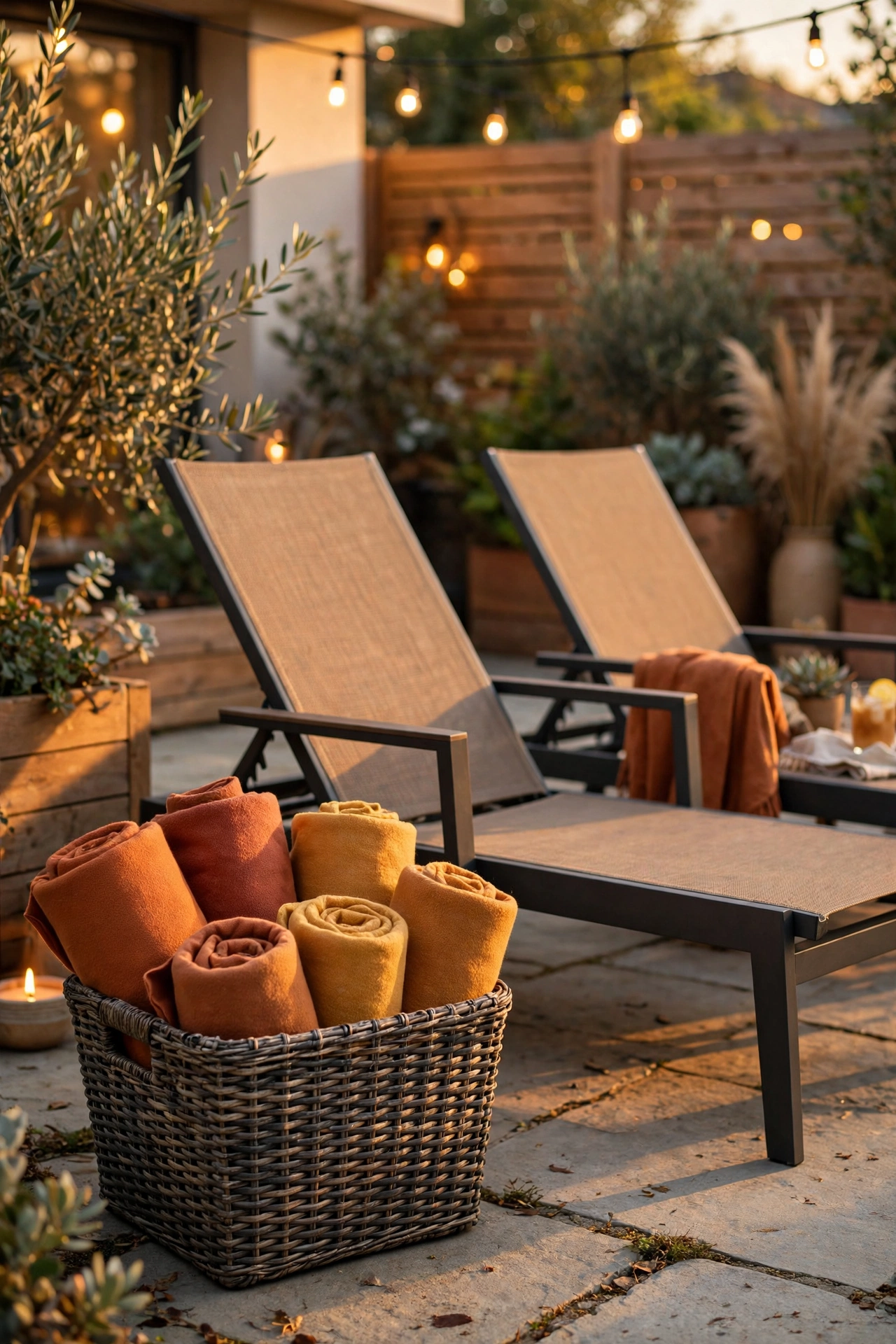 basket of rolled acrylic throws beside patio seating