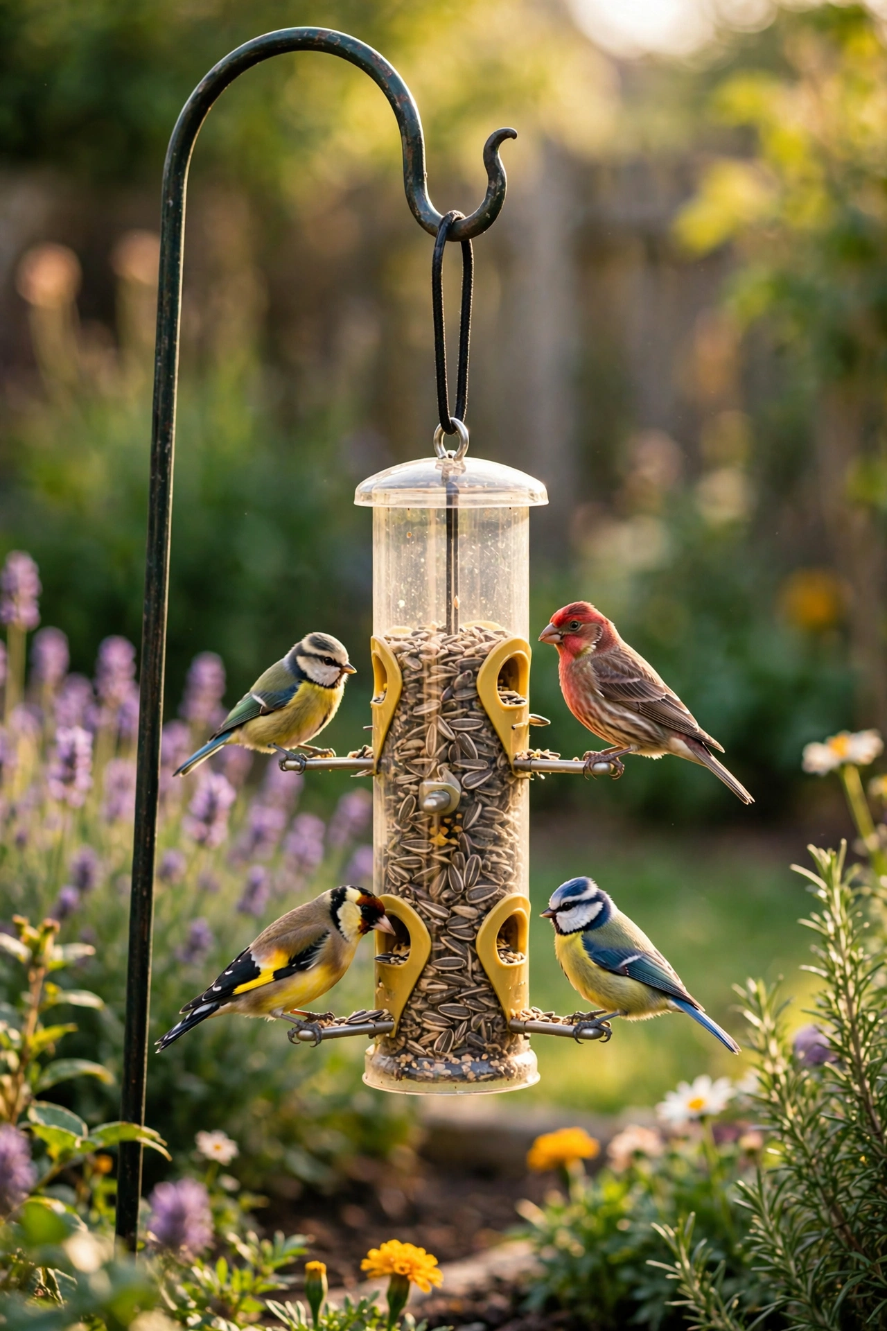 tube bird feeder with goldfinches in sunny garden