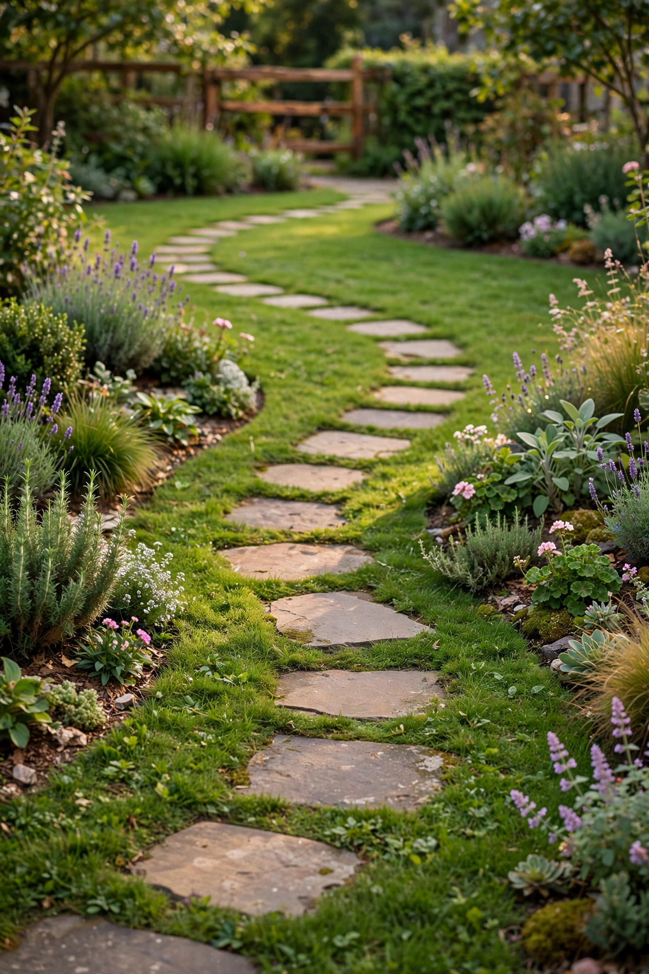 stepping stone path curving through lawn