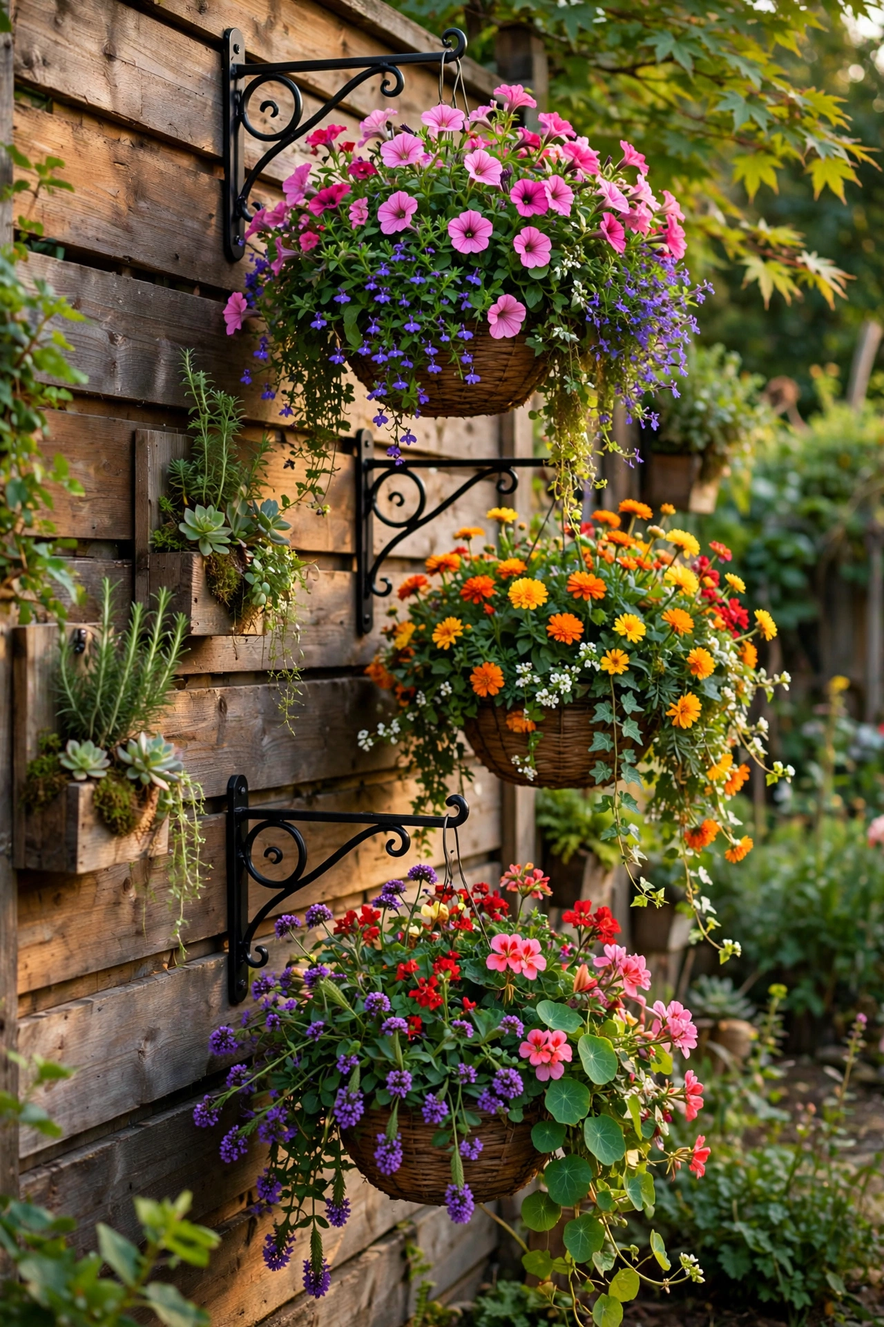 wall mounted brackets with hanging flower baskets on fence