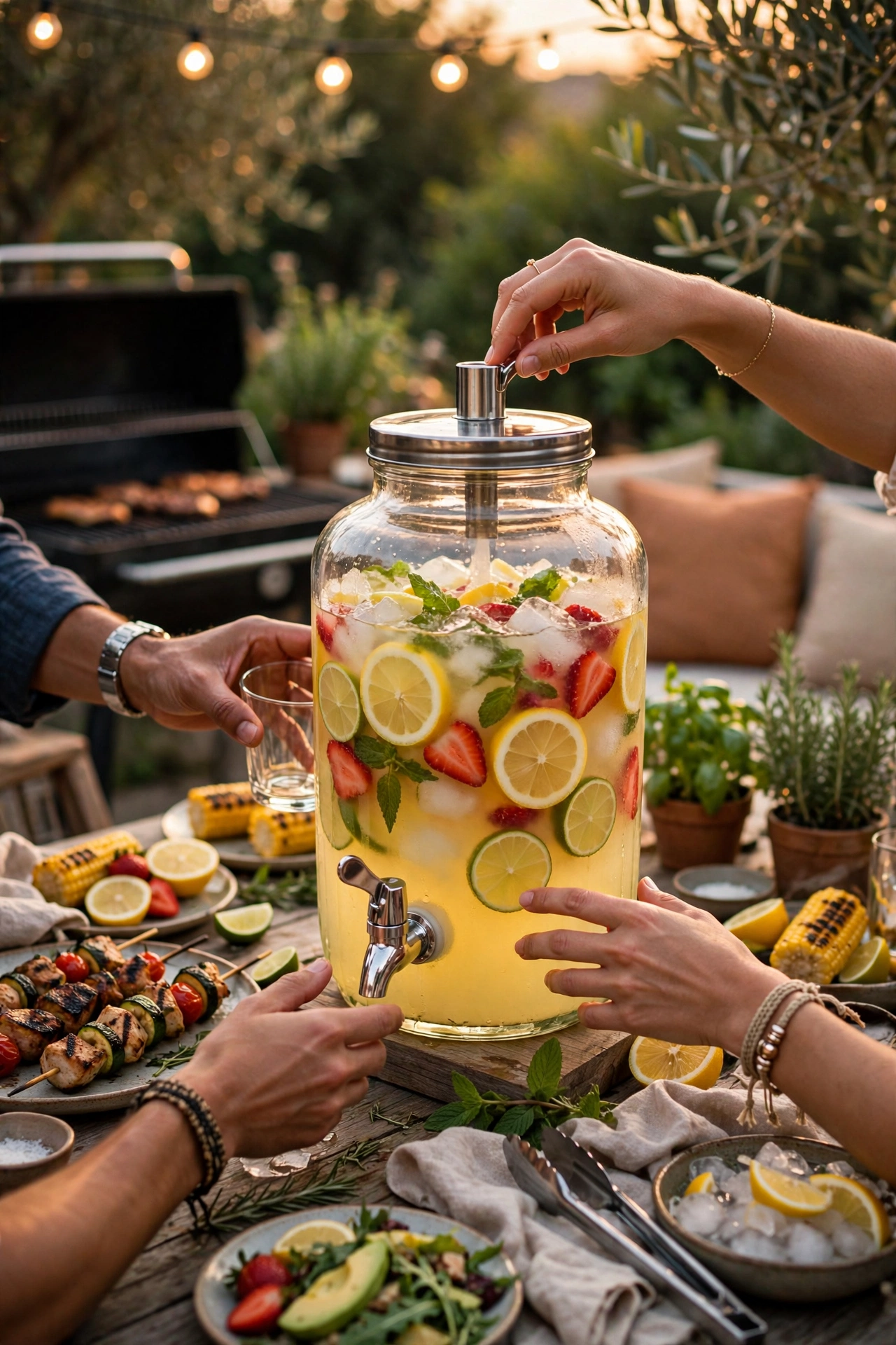 glass drink dispenser with iced lemonade on barbecue table