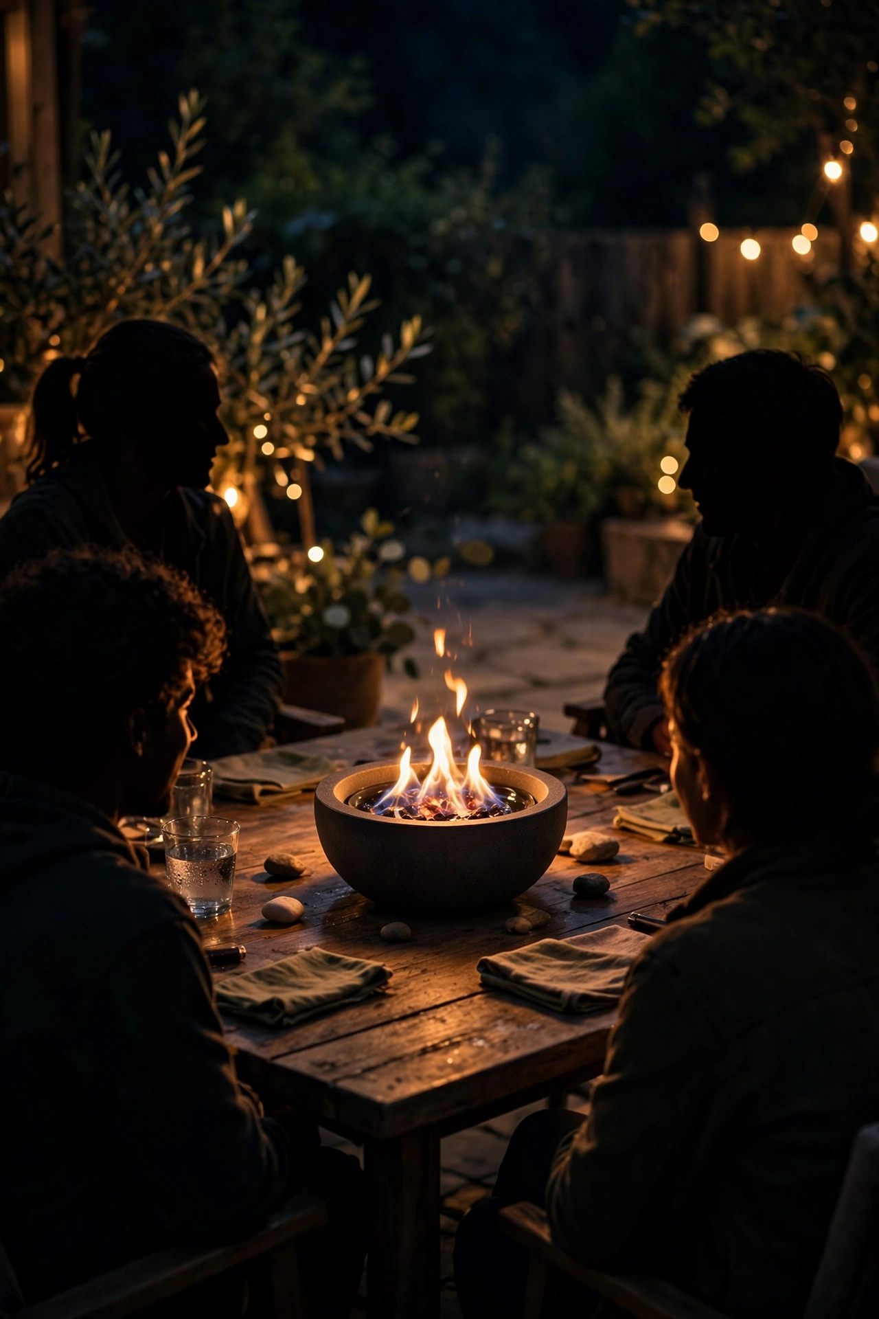 small tabletop fire bowl glowing on patio table at night