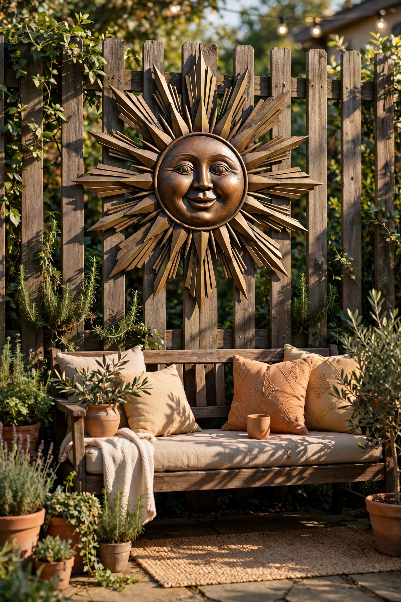 metal sun wall art on garden fence above seating
