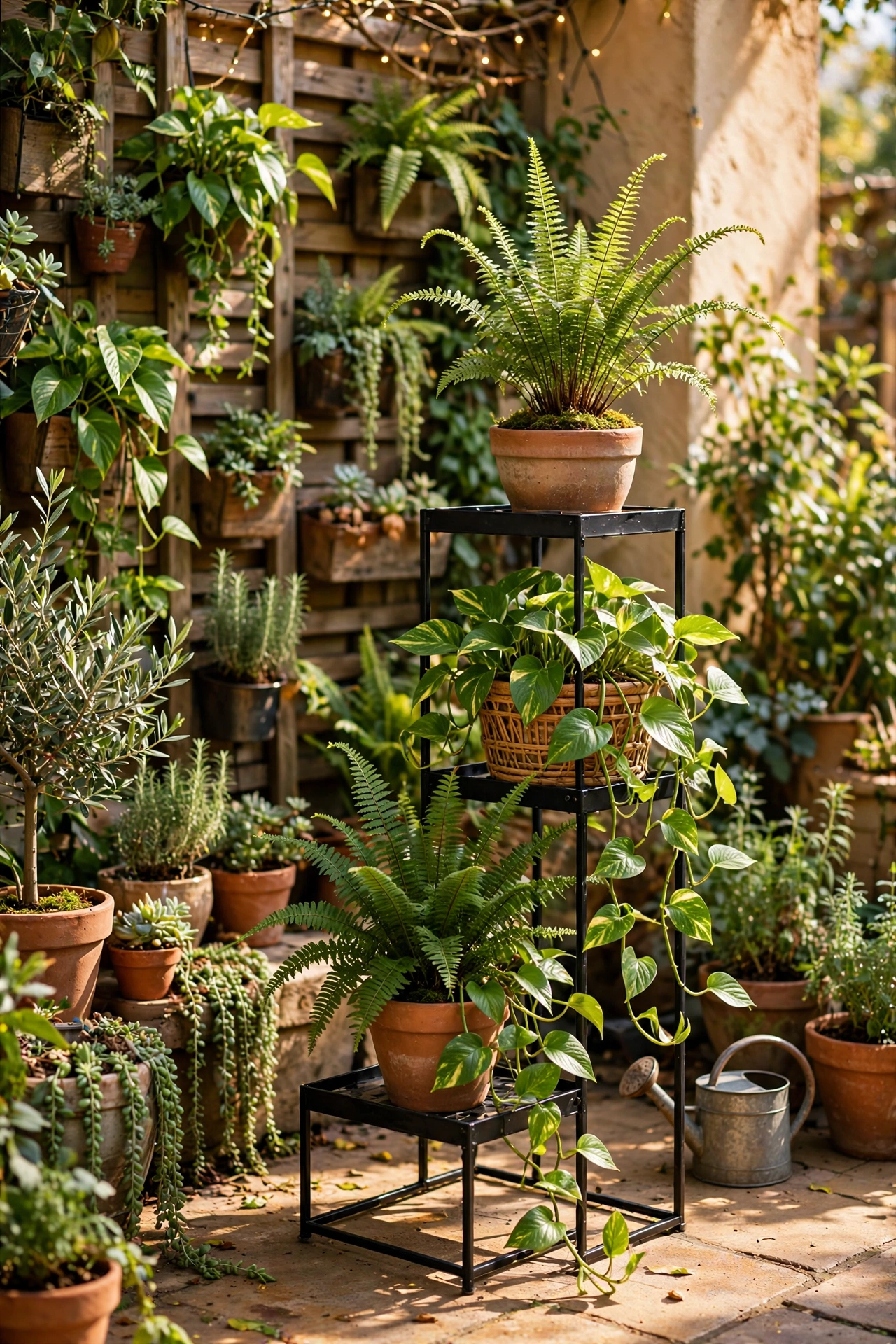 tiered metal plant stand with mixed trailing and upright plants