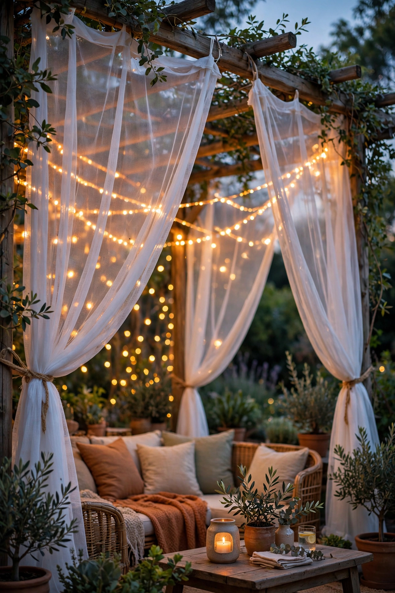 white mosquito net curtains tied back on pergola with string lights