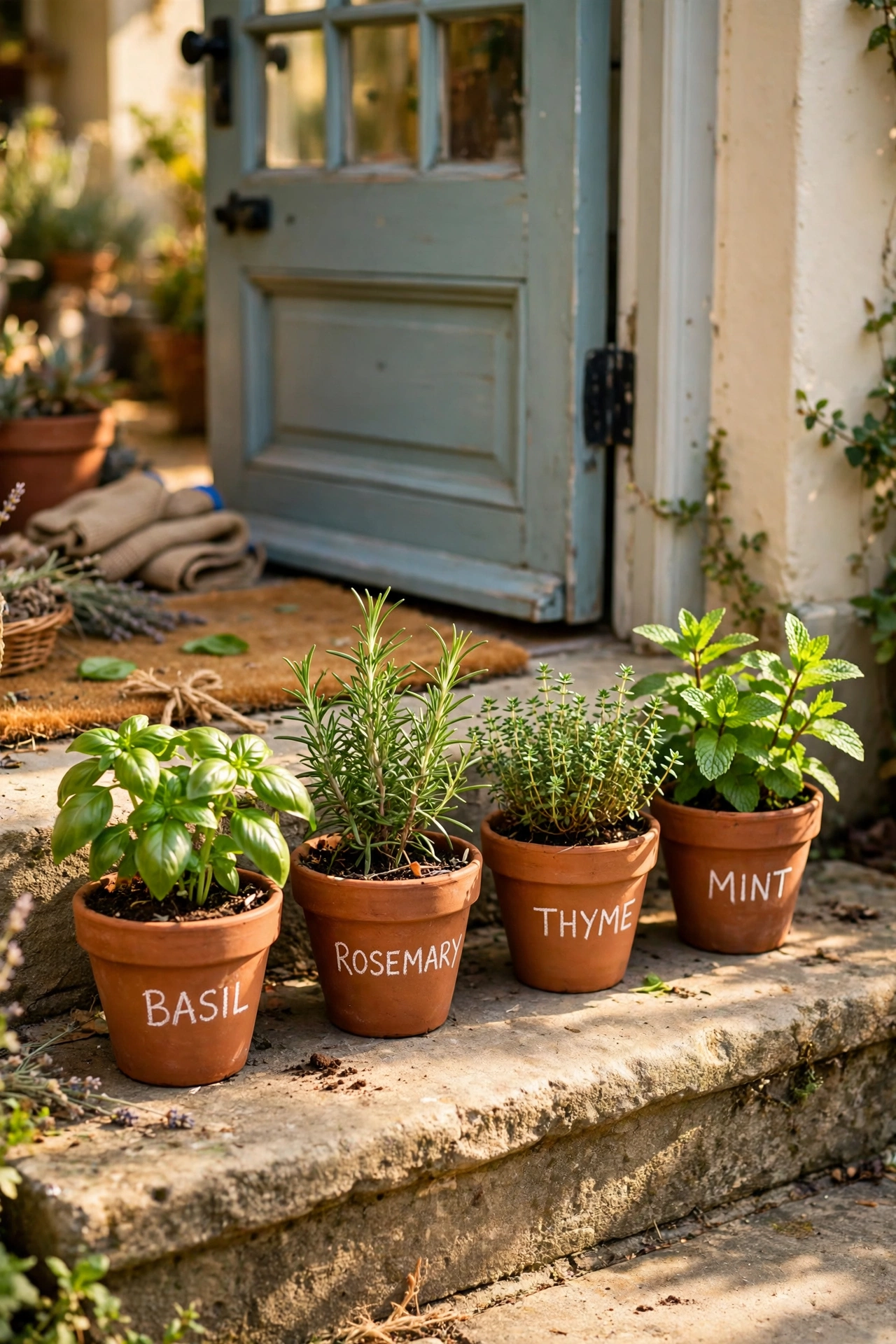 row of small pots with fresh basil rosemary thyme by back door