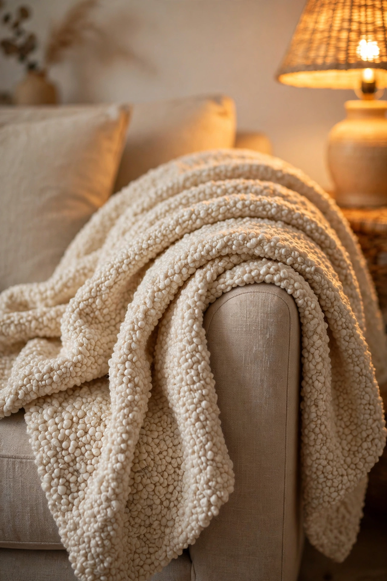 nubby boucle look throw draped over sofa arm, dollar store living room finds