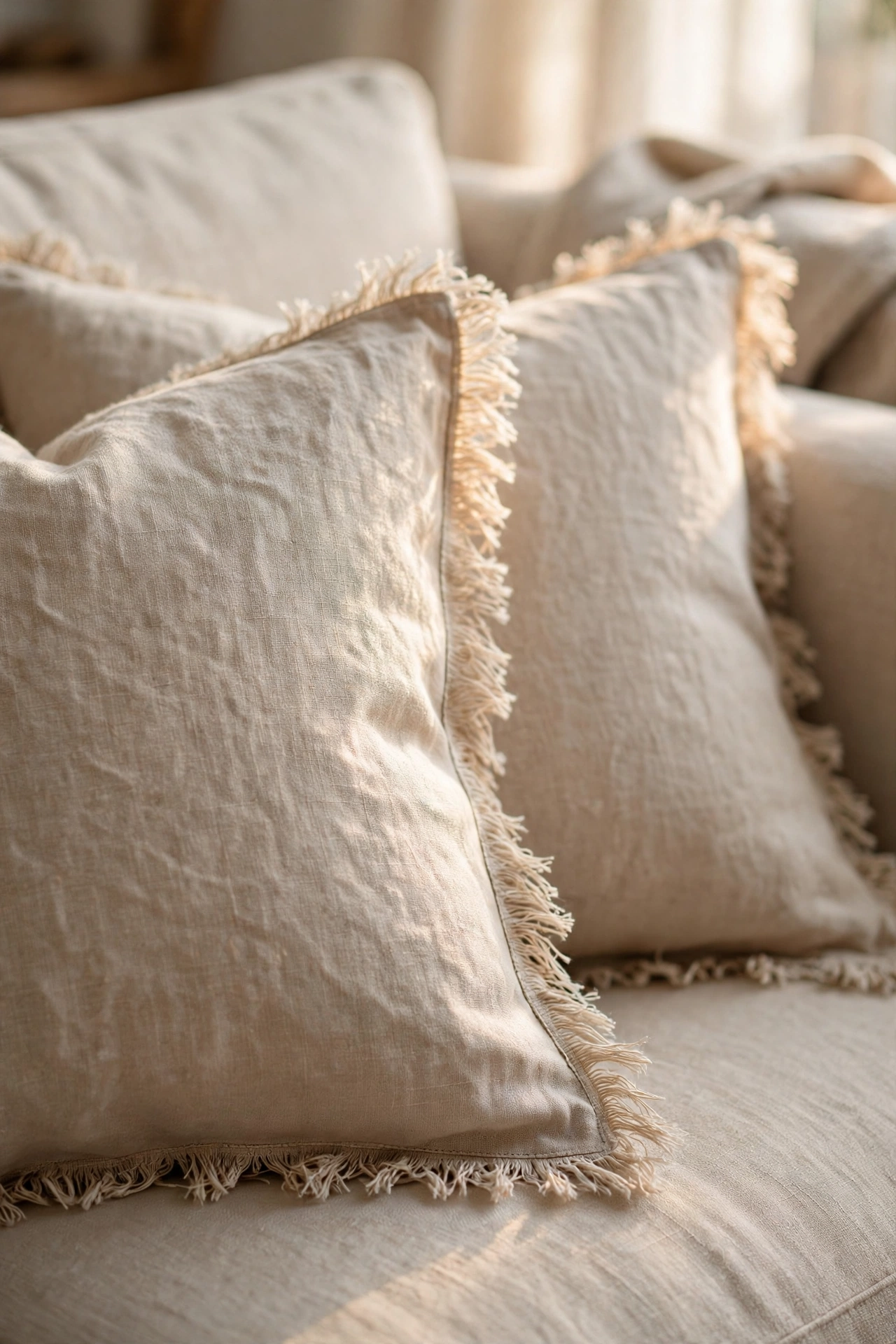 natural tone cushion covers with fringe edging on sofa