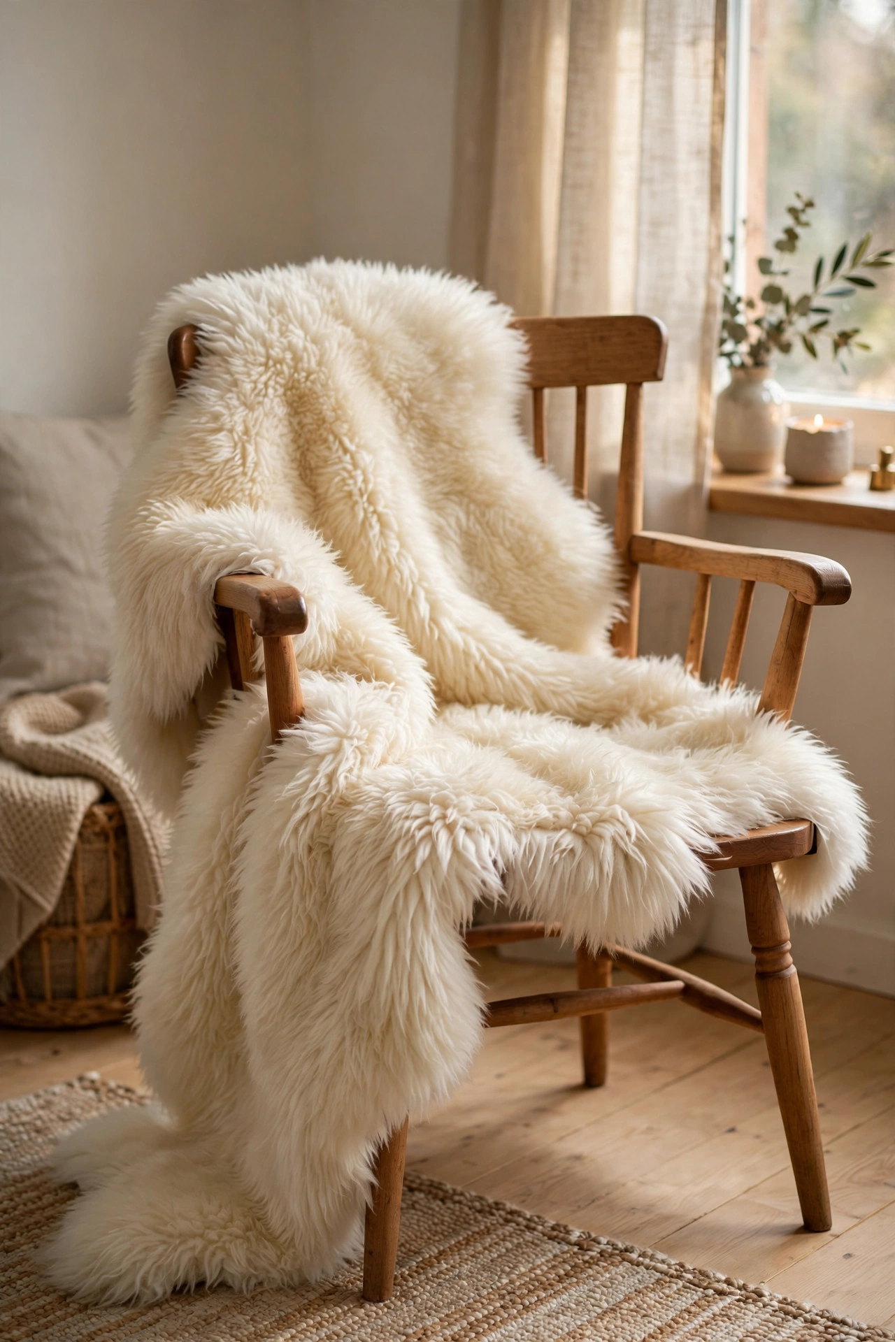 ivory faux sheepskin draped artlessly over wooden armchair
