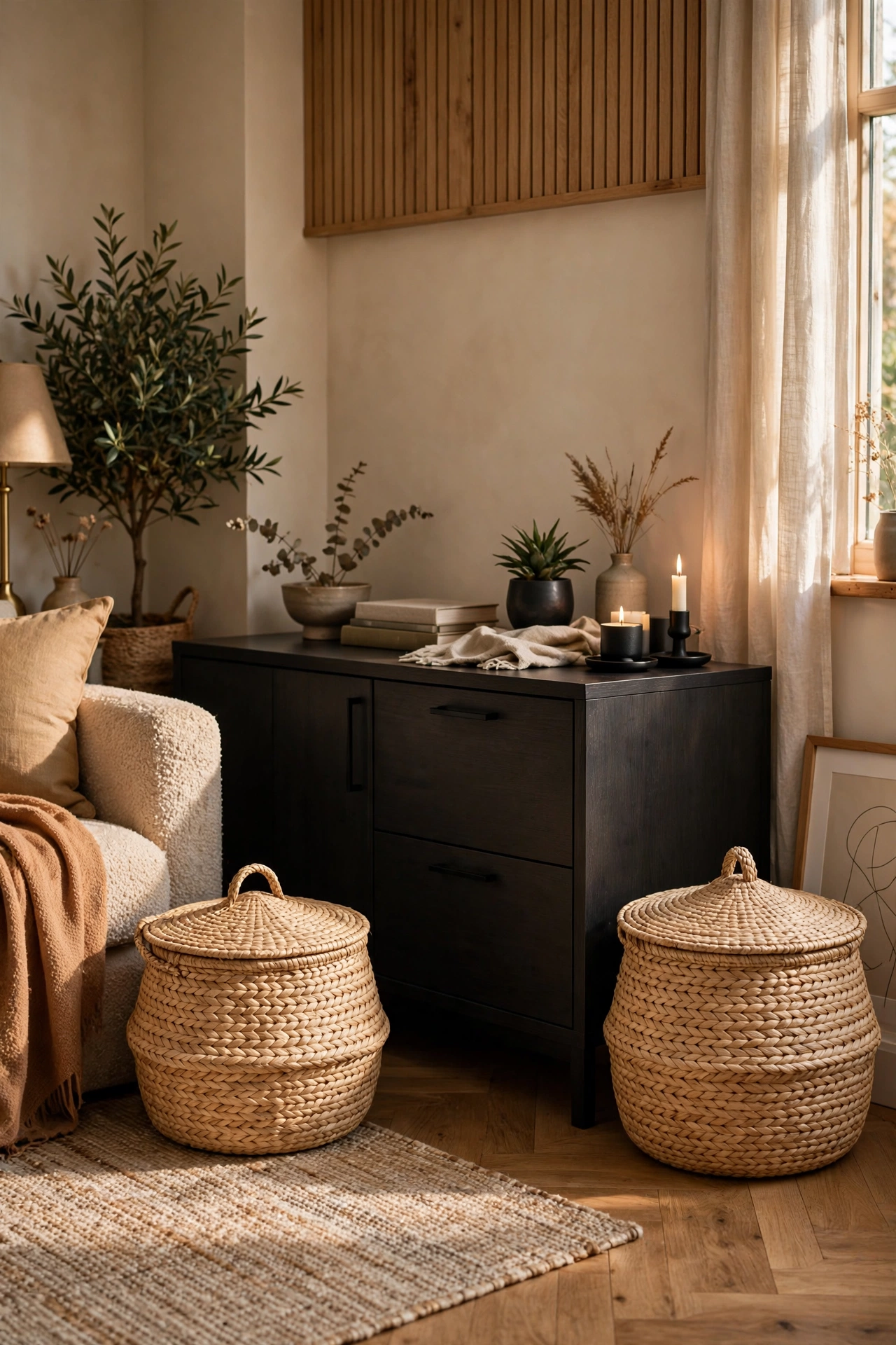 pair of matching lidded woven baskets flanking media unit