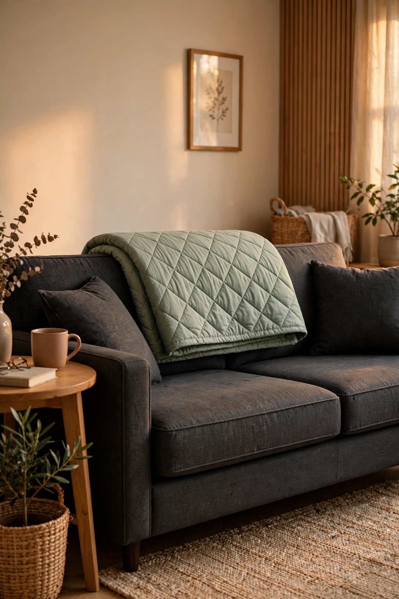 quilted throw folded over back of grey sofa
