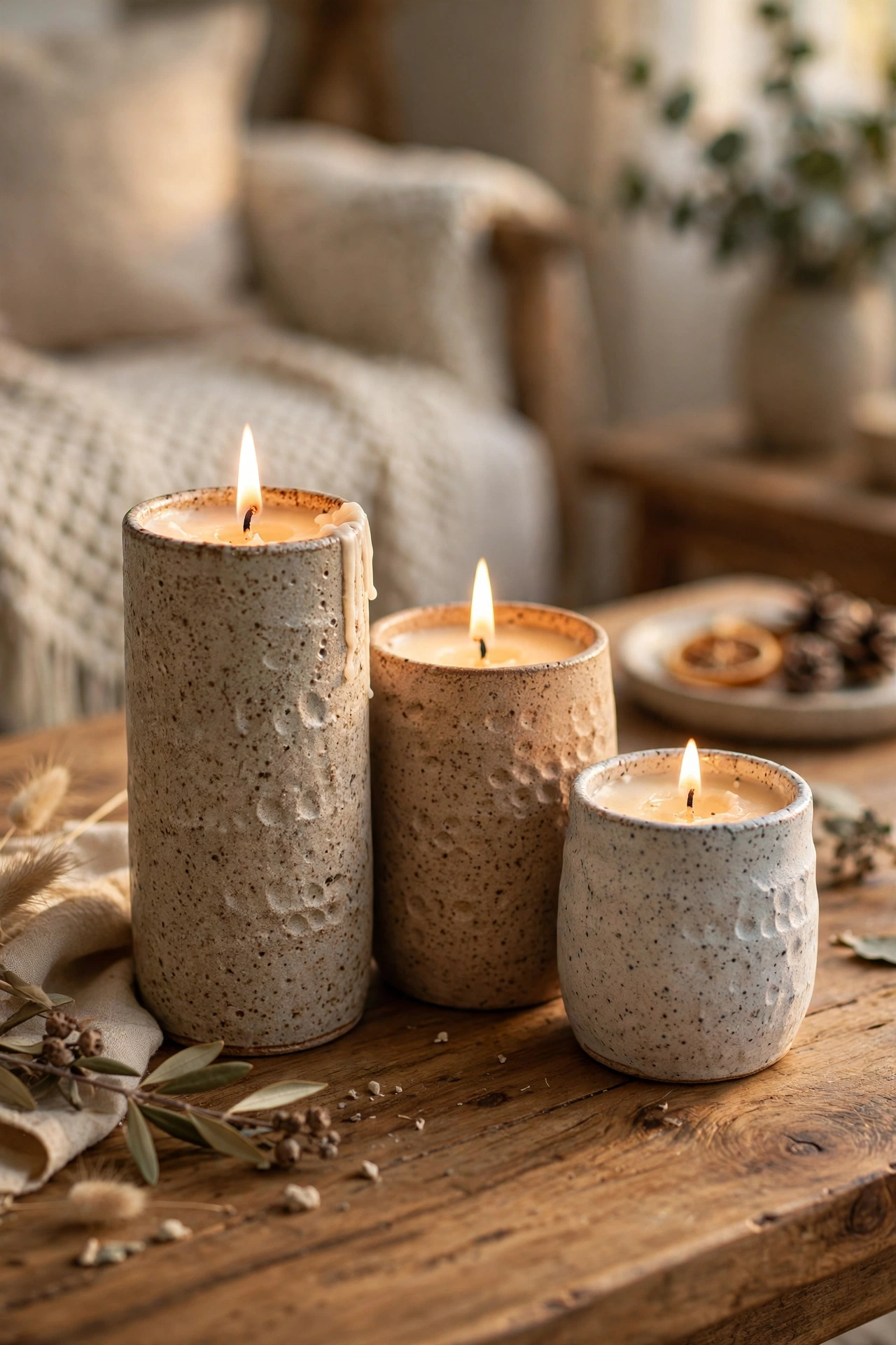 three speckled ceramic candle holders at different heights