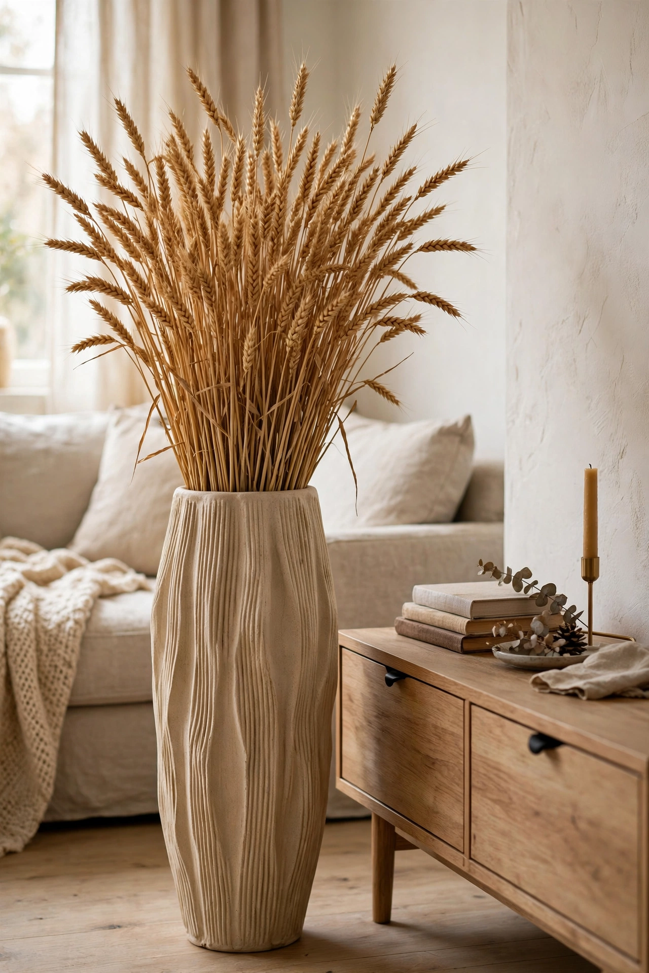 tall ceramic vase with generous dried wheat stems