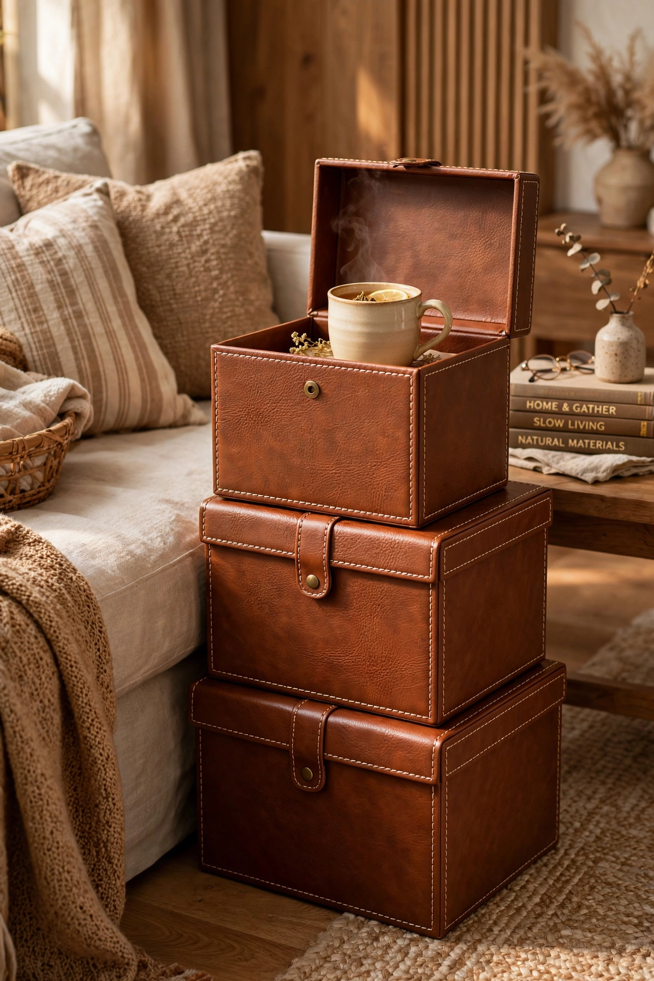 stack of faux leather storage boxes beside sofa