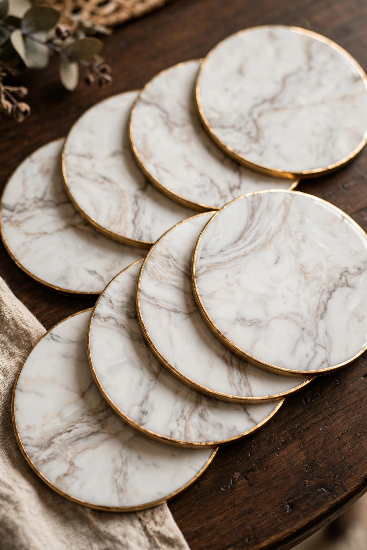 marble pattern coasters with gold edging fanned on coffee table