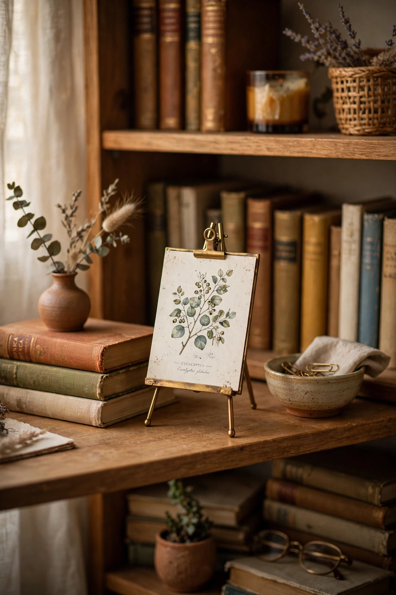 tiny brass easel displaying small art print on bookshelf