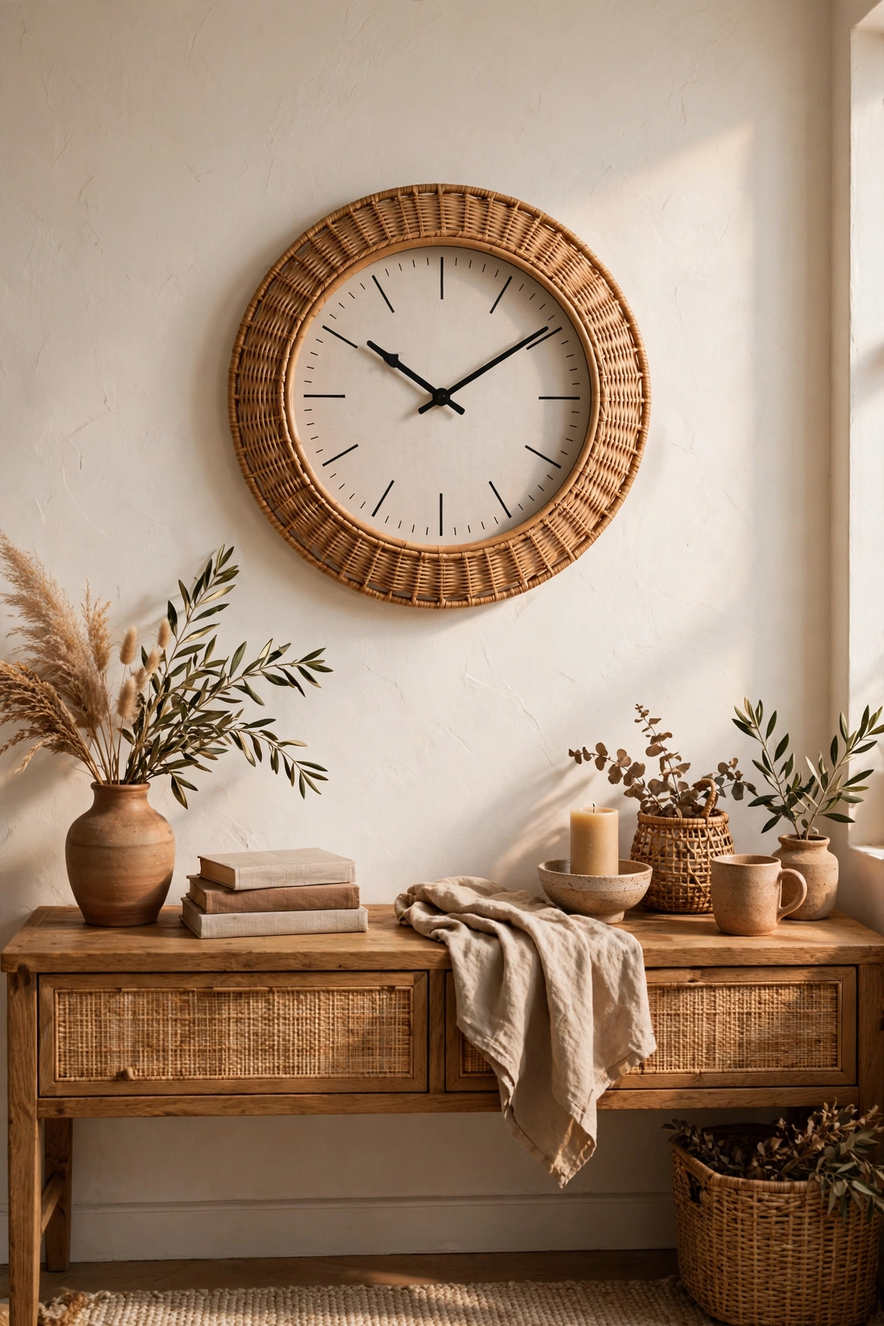 round rattan framed wall clock on living room wall