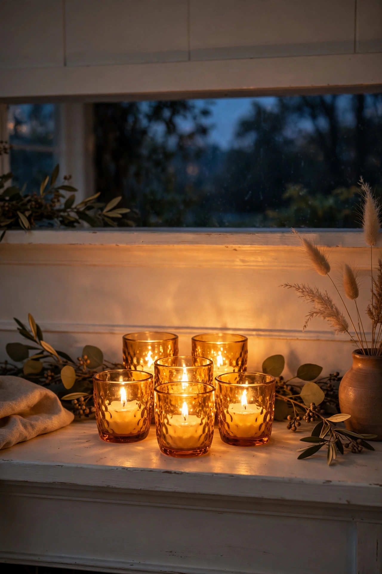 cluster of amber glass votive holders glowing on mantel
