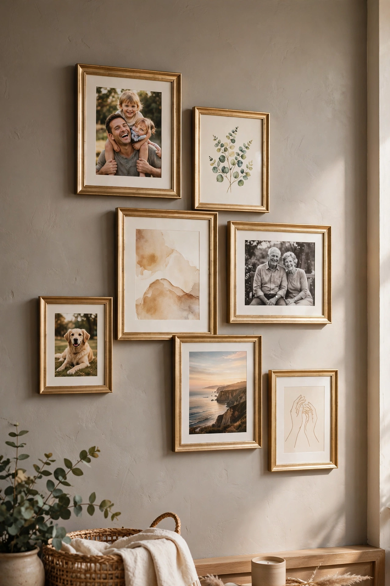 asymmetric cluster of champagne gold frames on living room wall