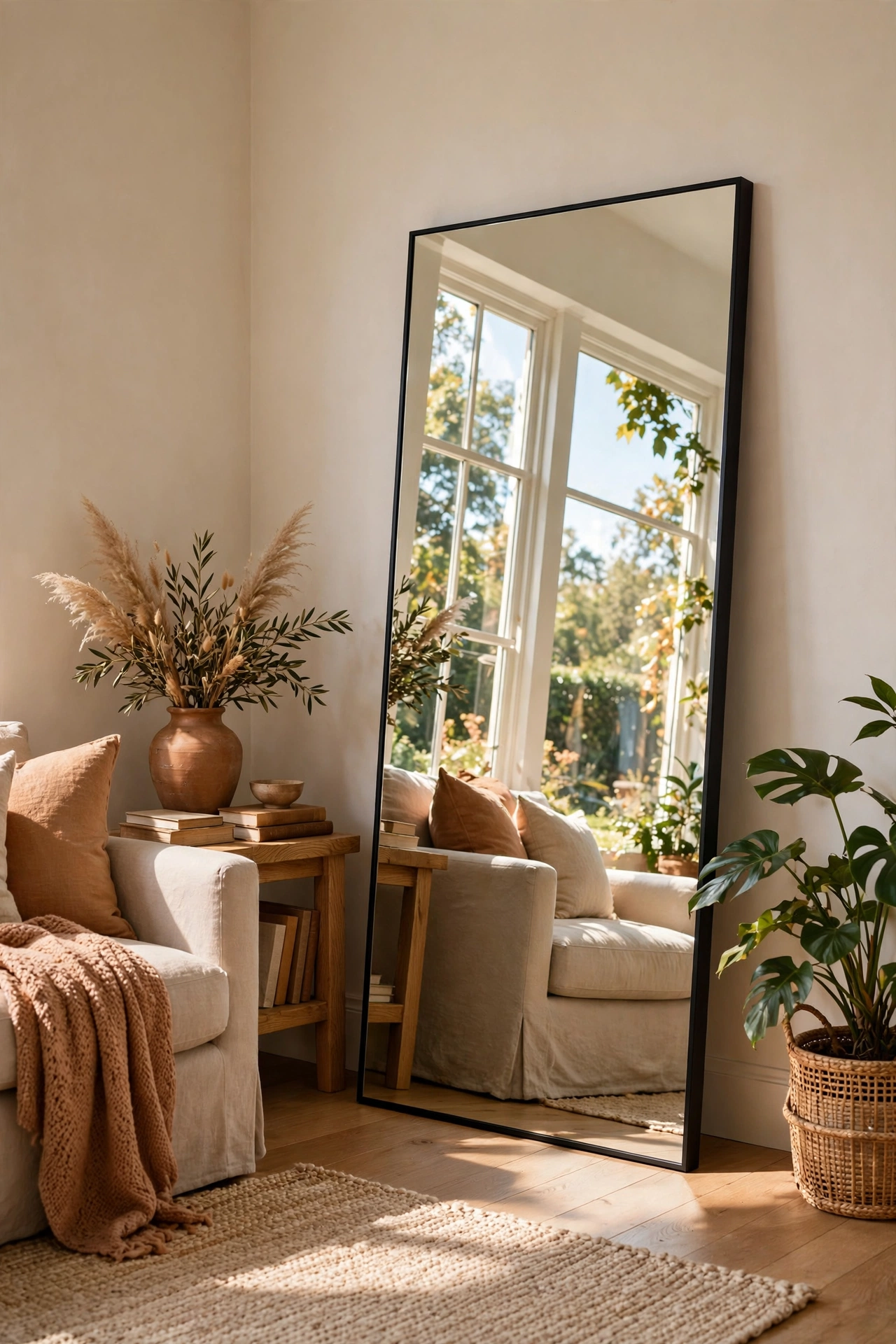 tall mirror leaned against wall in living room corner