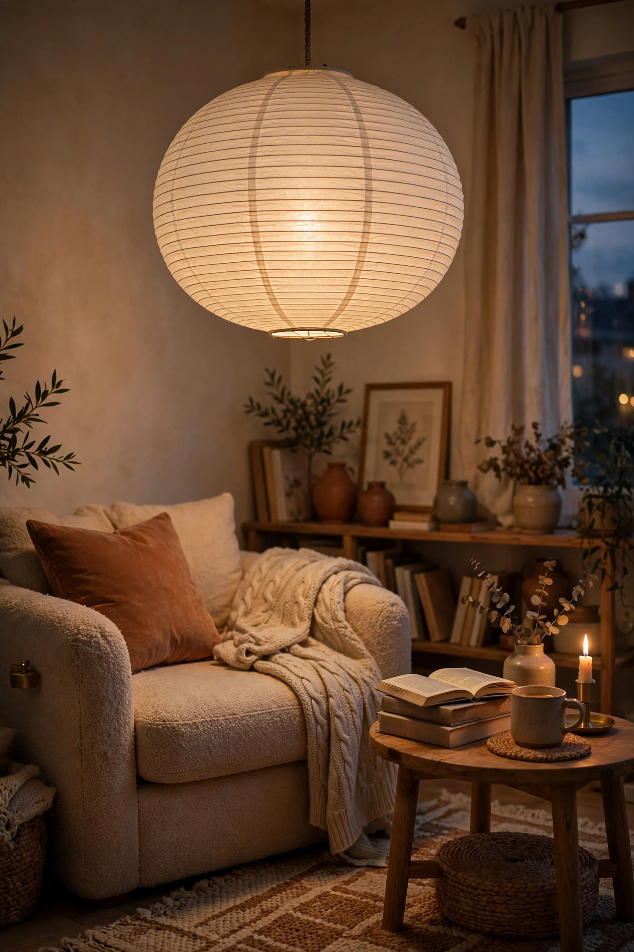 white paper lantern pendant glowing over reading corner