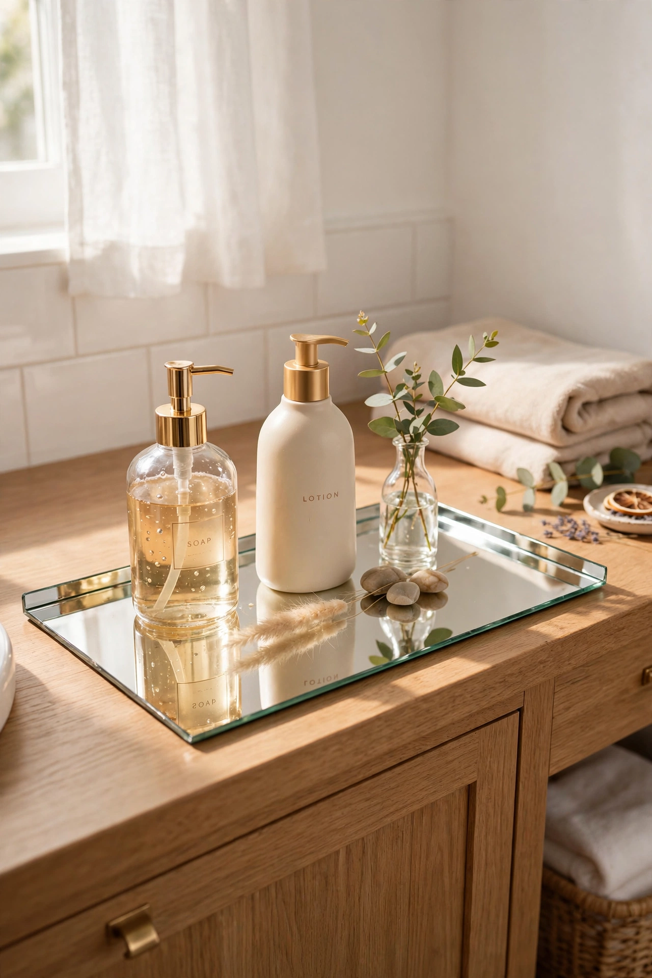 mirrored tray styling bathroom vanity bottles, dollar store decor ideas