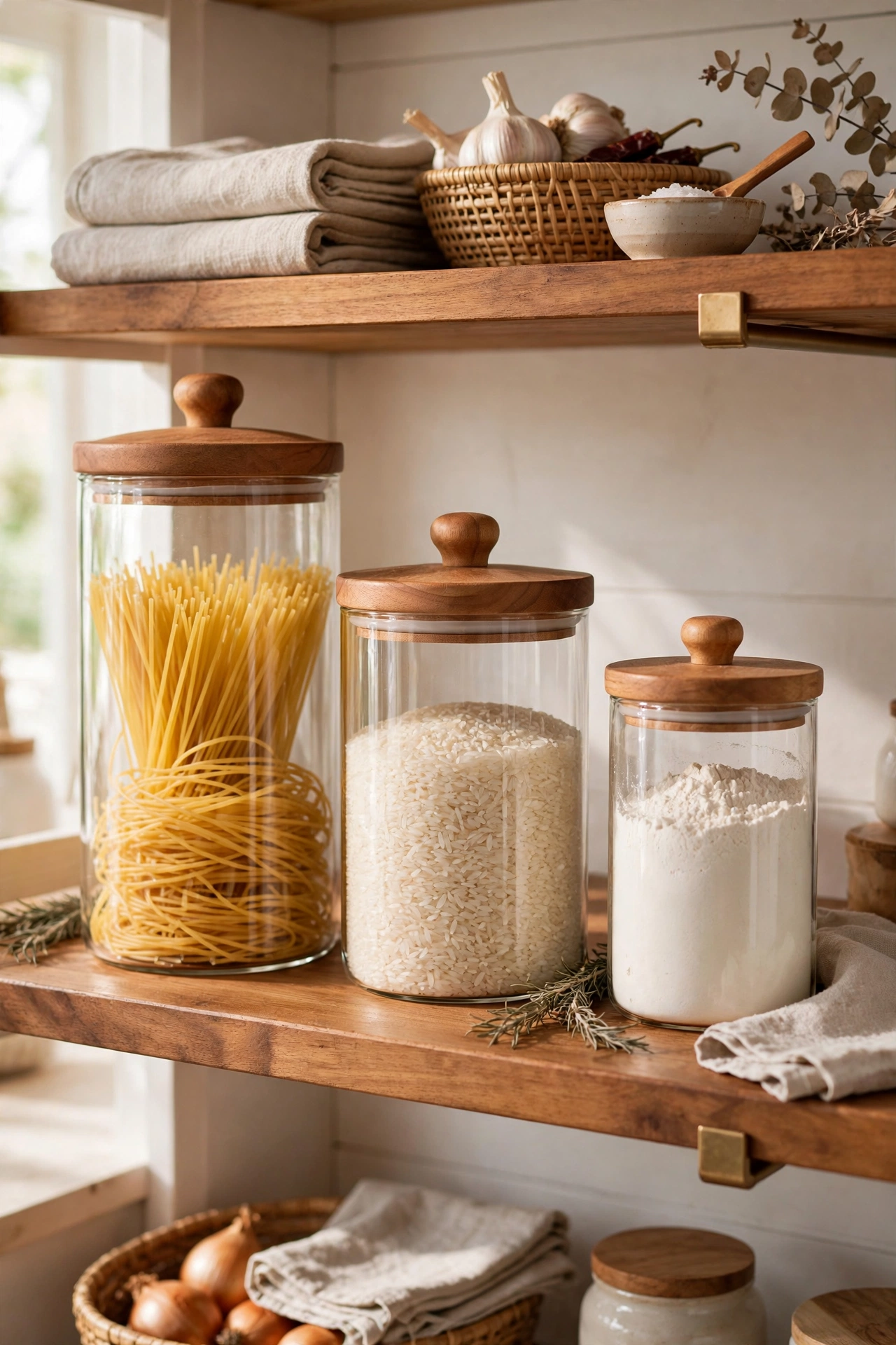 glass canisters with wooden lids holding pasta and grains on open shelf