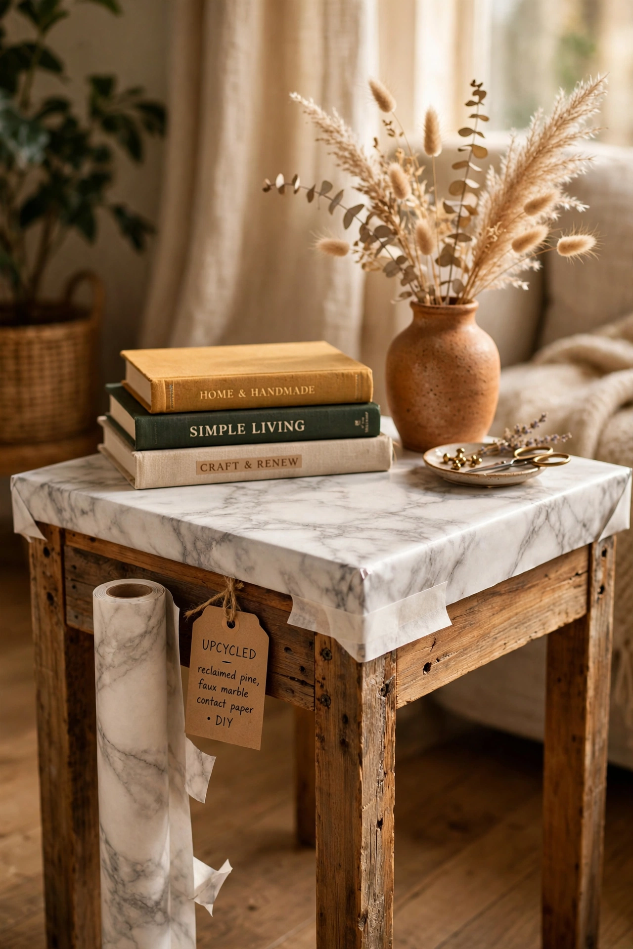 side table top wrapped in faux marble contact paper