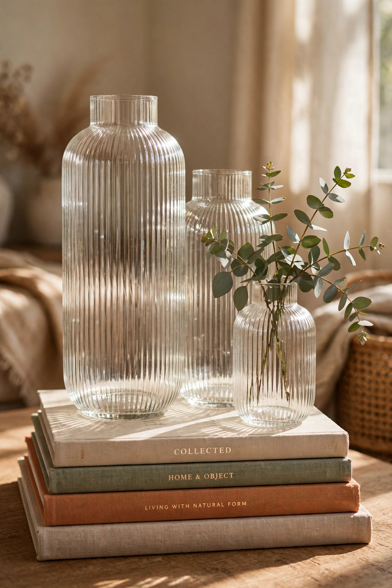 trio of ribbed glass vases in graduating sizes on books