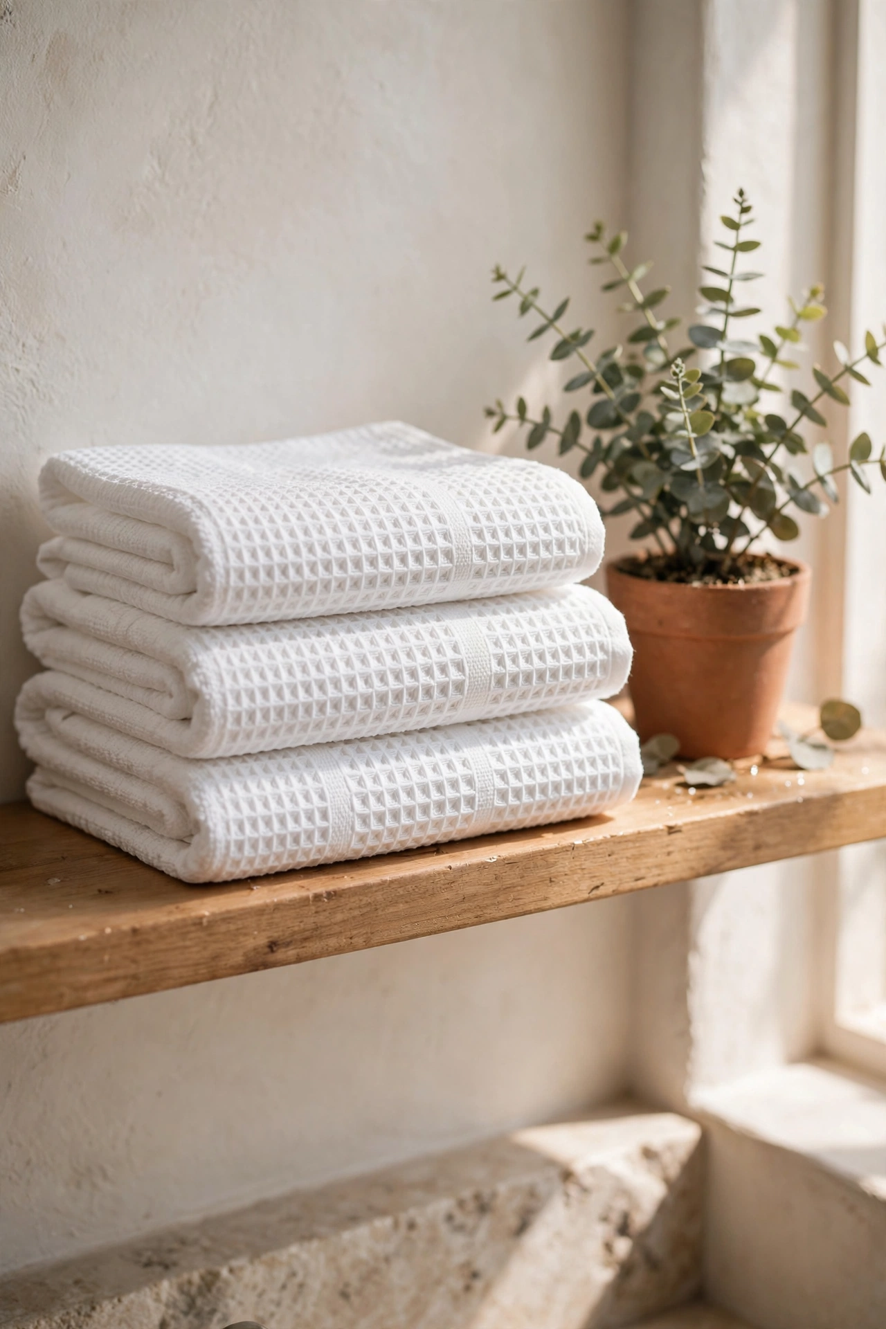 white waffle weave hand towels folded spa style in bathroom