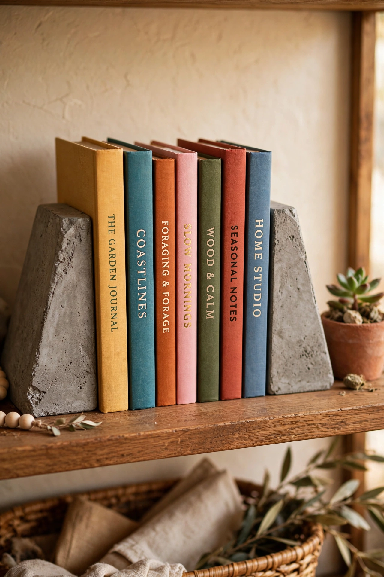 stone look bookends holding books on styled shelf