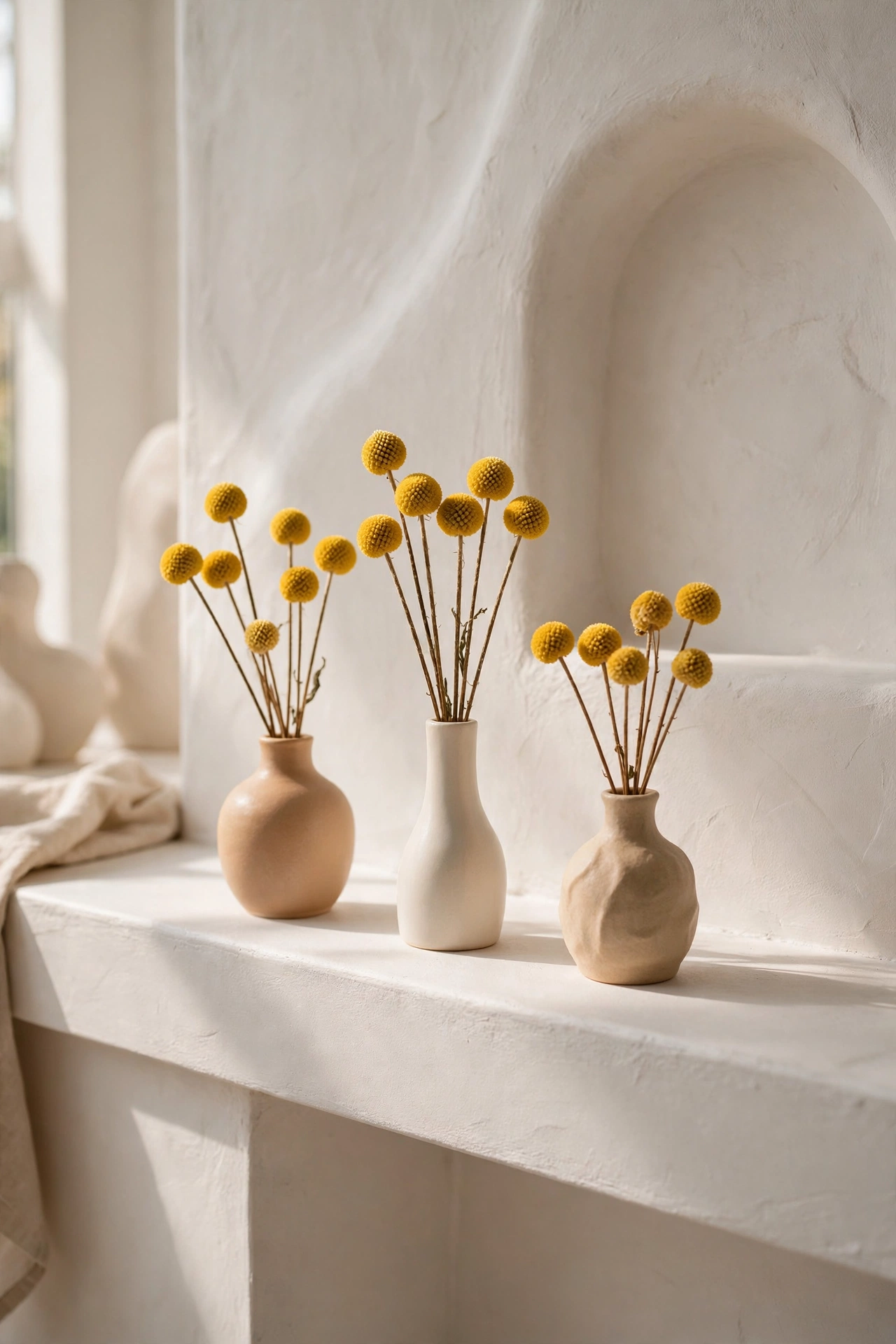 three bud vases with dried yellow billy buttons on mantel