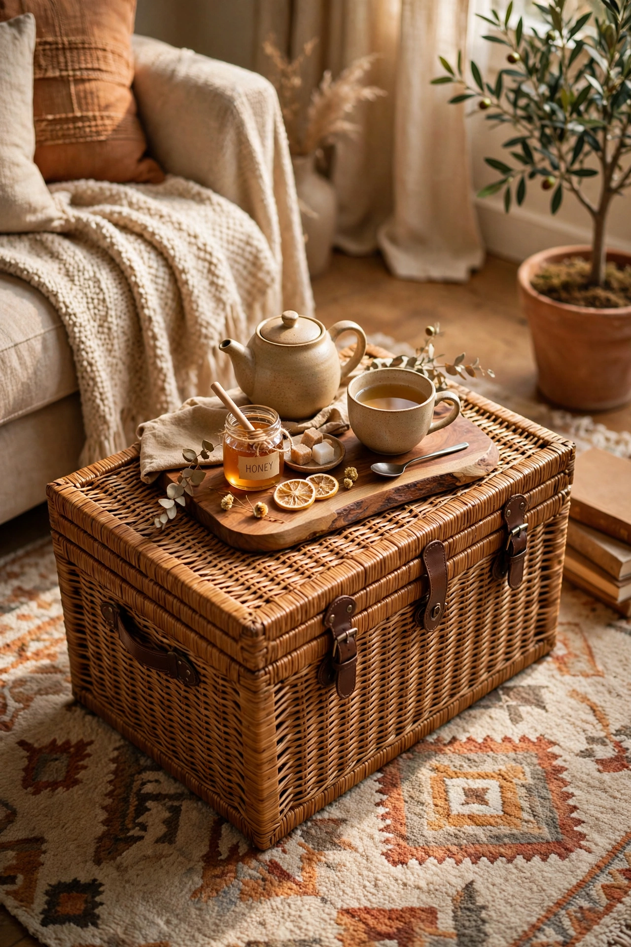 lidded rattan trunk used as coffee table with tray on top