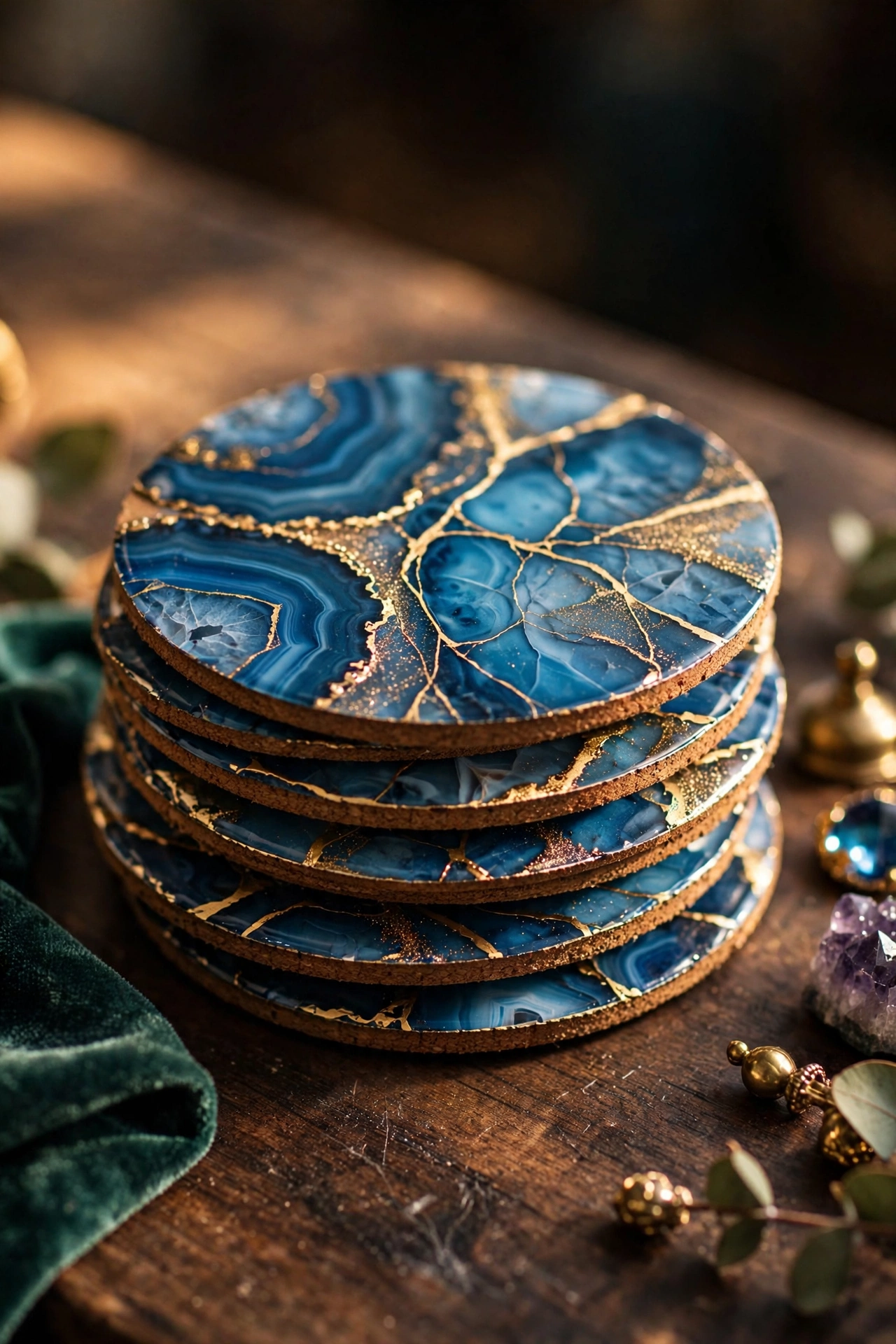 agate pattern coasters with gold veining stacked on table