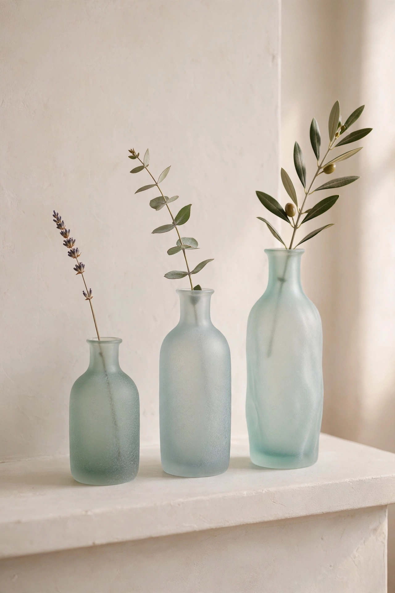 trio of frosted glass bud vases with single stems on mantel