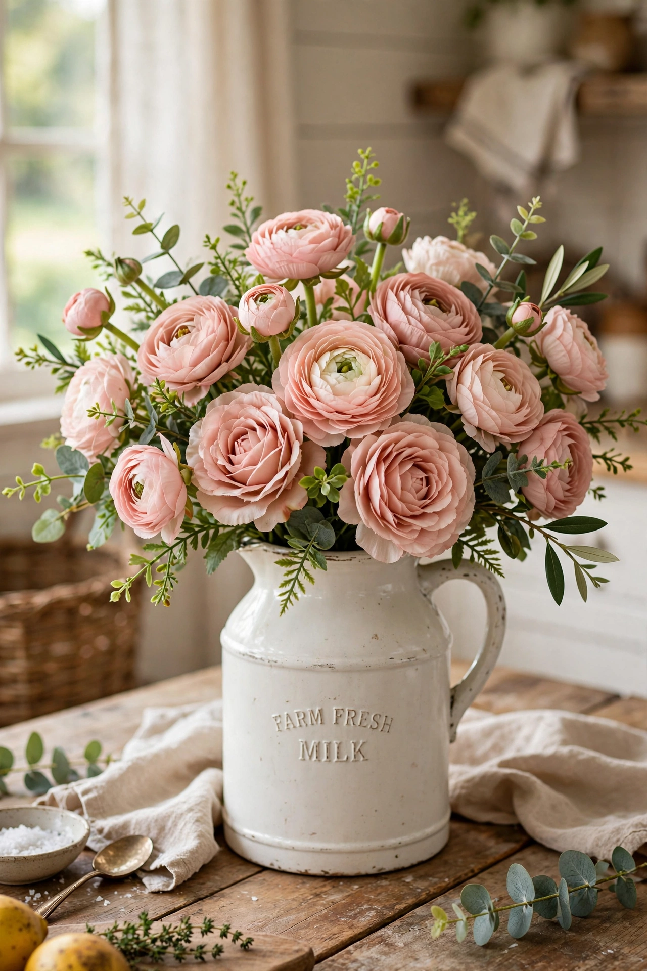 faux ranunculus bunch in vintage milk jug on kitchen table