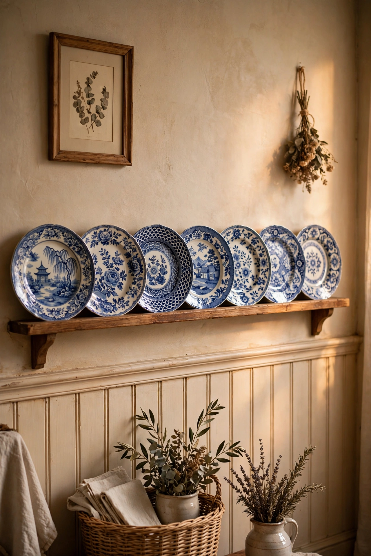 narrow plate rail with decorative plates on dining room wall