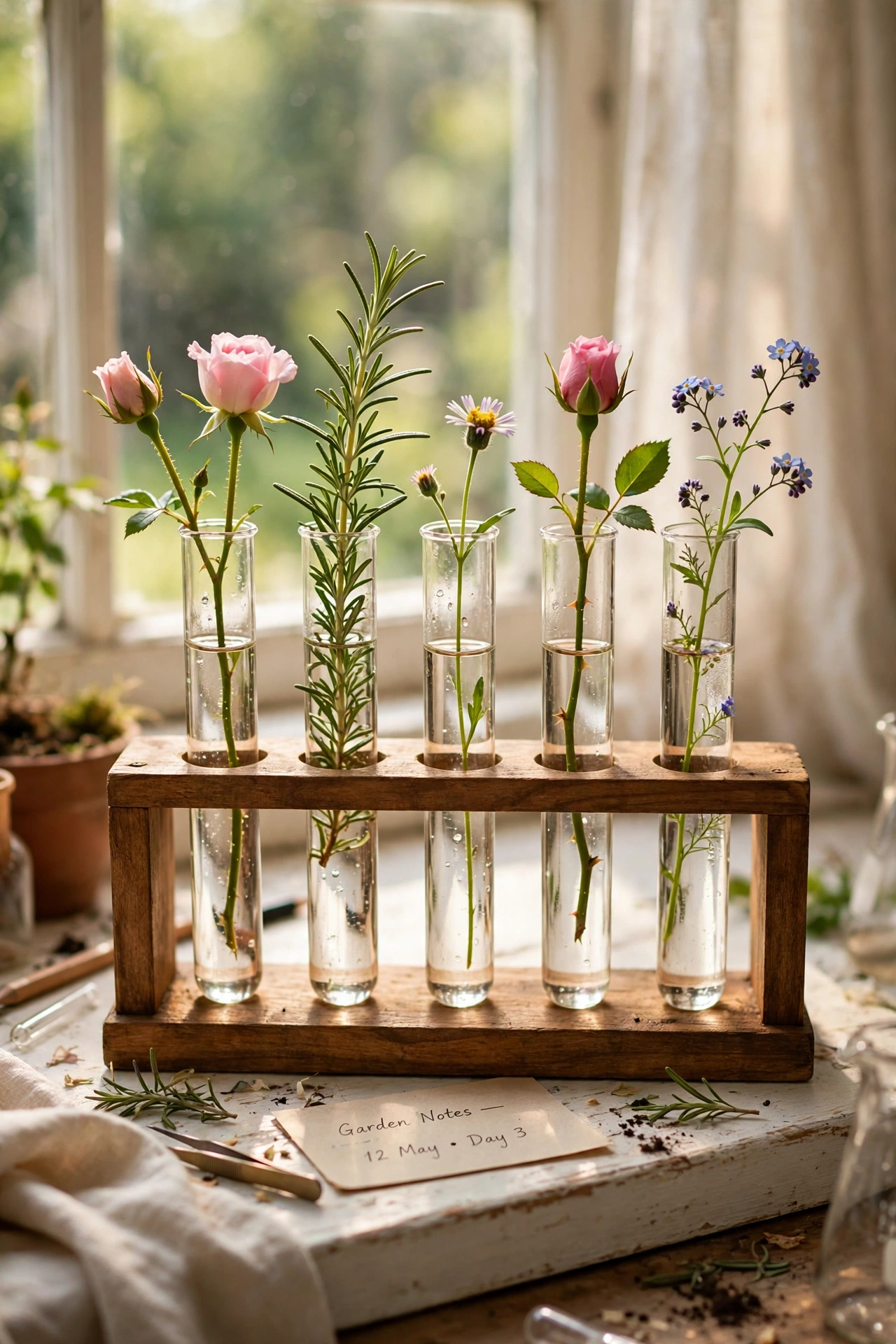 wooden stand of glass test tubes with single garden stems