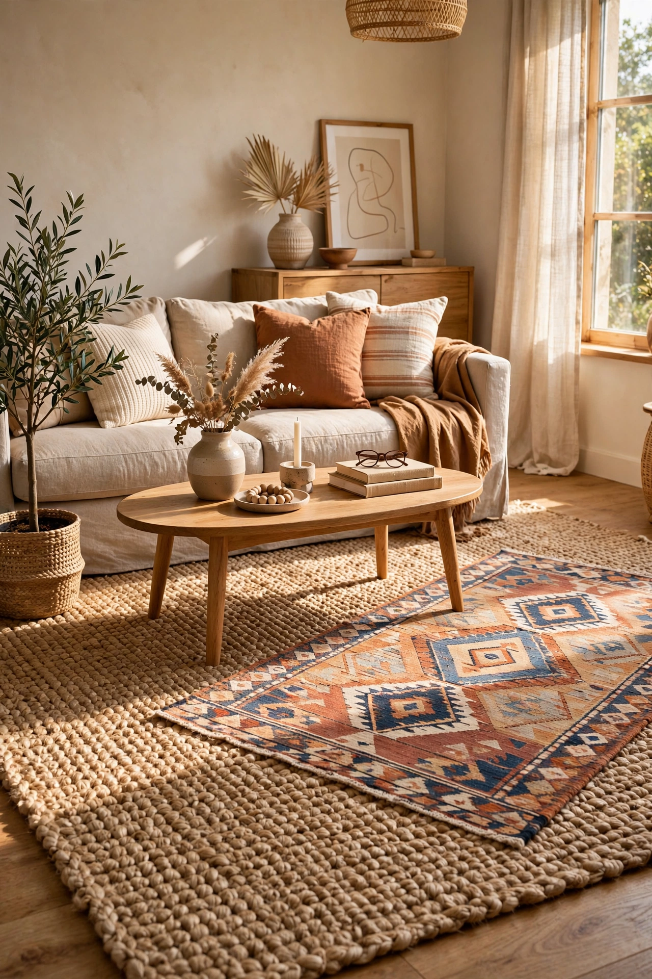 patterned rug layered over large chunky jute rug in living room