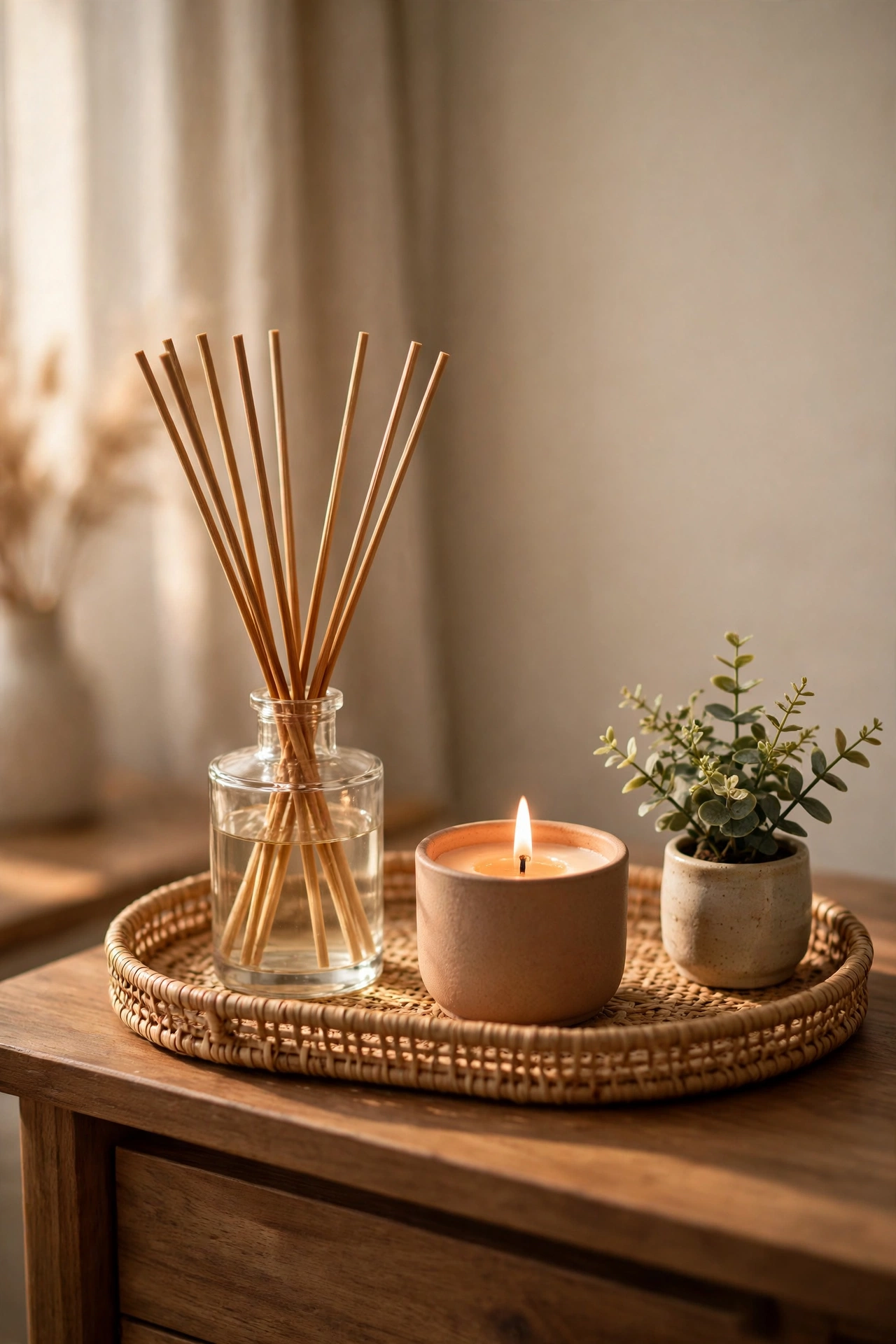 reed diffuser styled on tray with candle and small plant