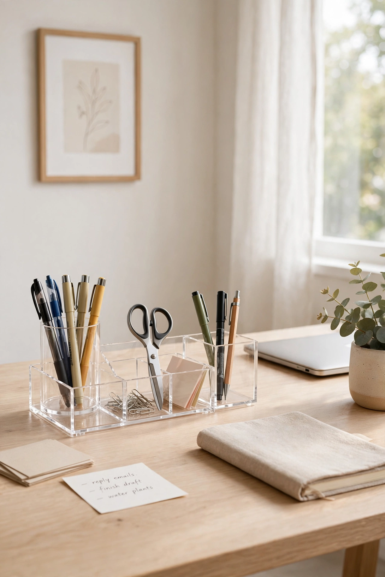 clear acrylic desk organiser set on tidy desk, dollar store home office finds