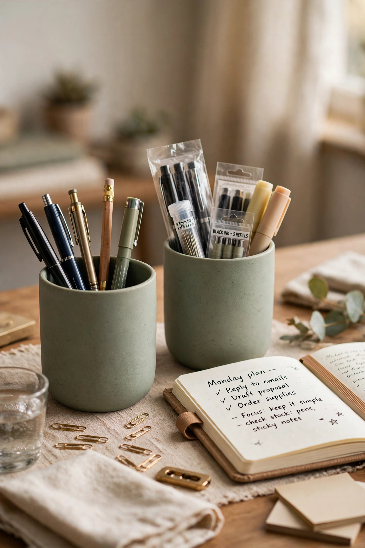 matte ceramic pen cups on home office desk