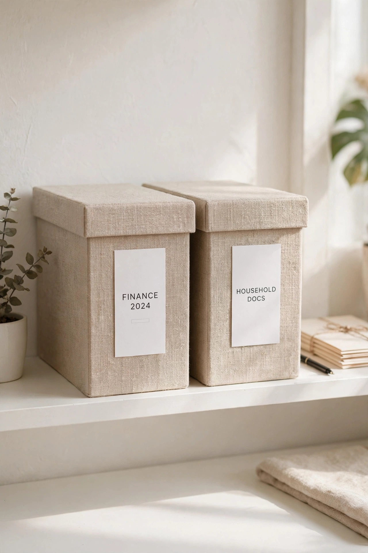 linen look file boxes labelled on office shelf